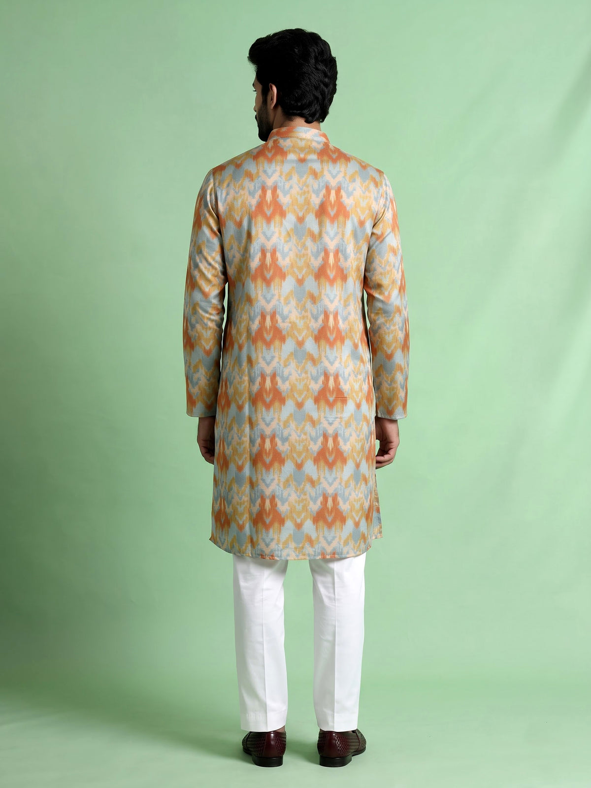 Mint blue printed silk kurta suit with mandarin collar