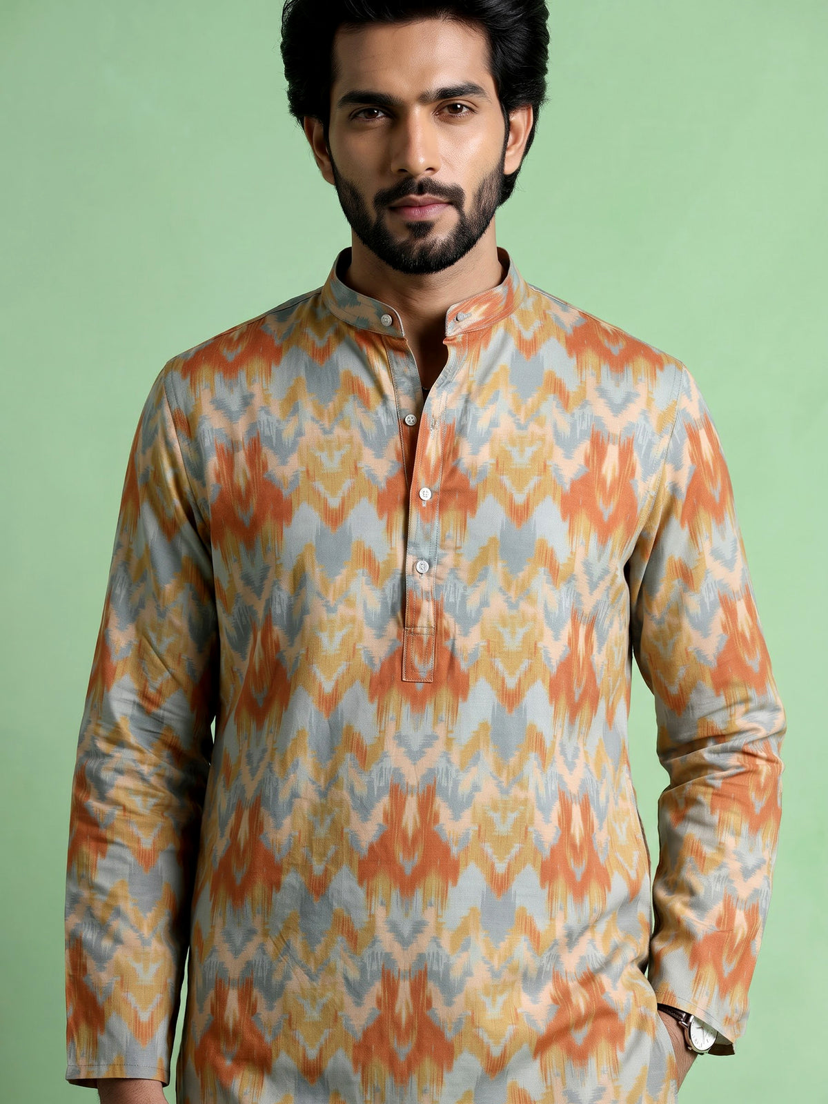 Mint blue printed silk kurta suit with mandarin collar