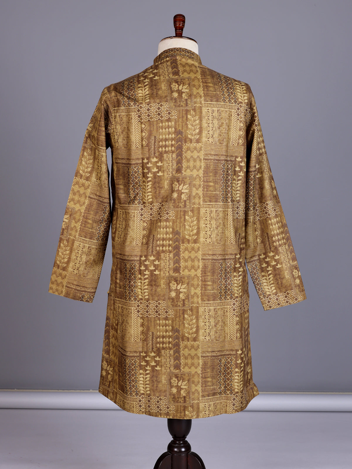 Dark beige printed silk kurta suit with mandarin collar