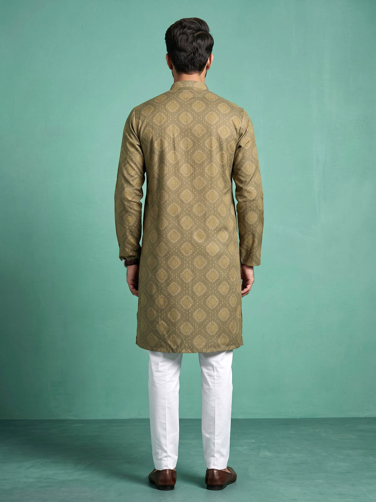 Mehendi green bandhani printed silk kurta suit for mens