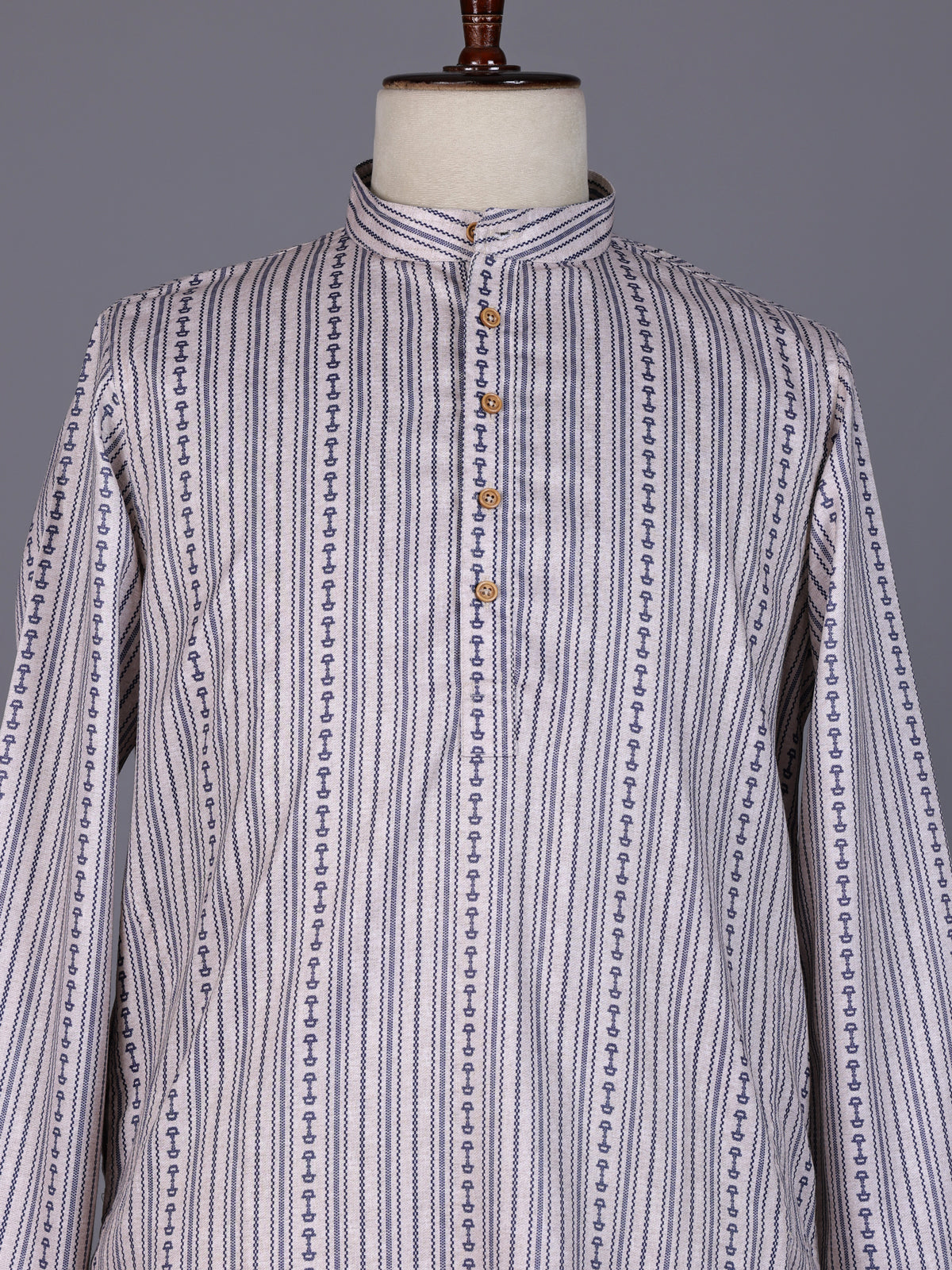 Beige striped cotton silk blend kurta suit with mandarin collar