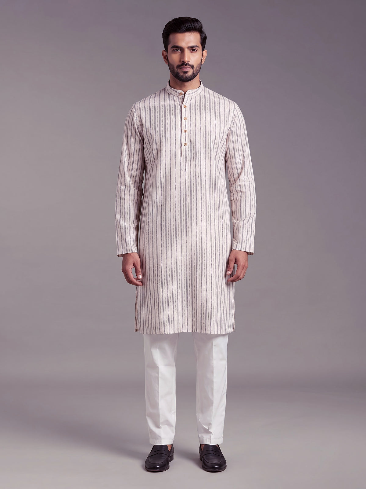 Light beige striped cotton silk blend kurta suit for mens