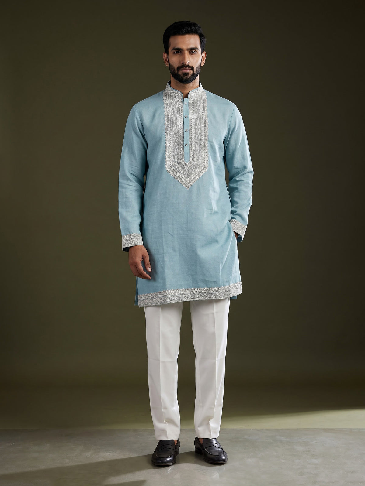 Sky blue cotton silk blend kurta suit with white detailing