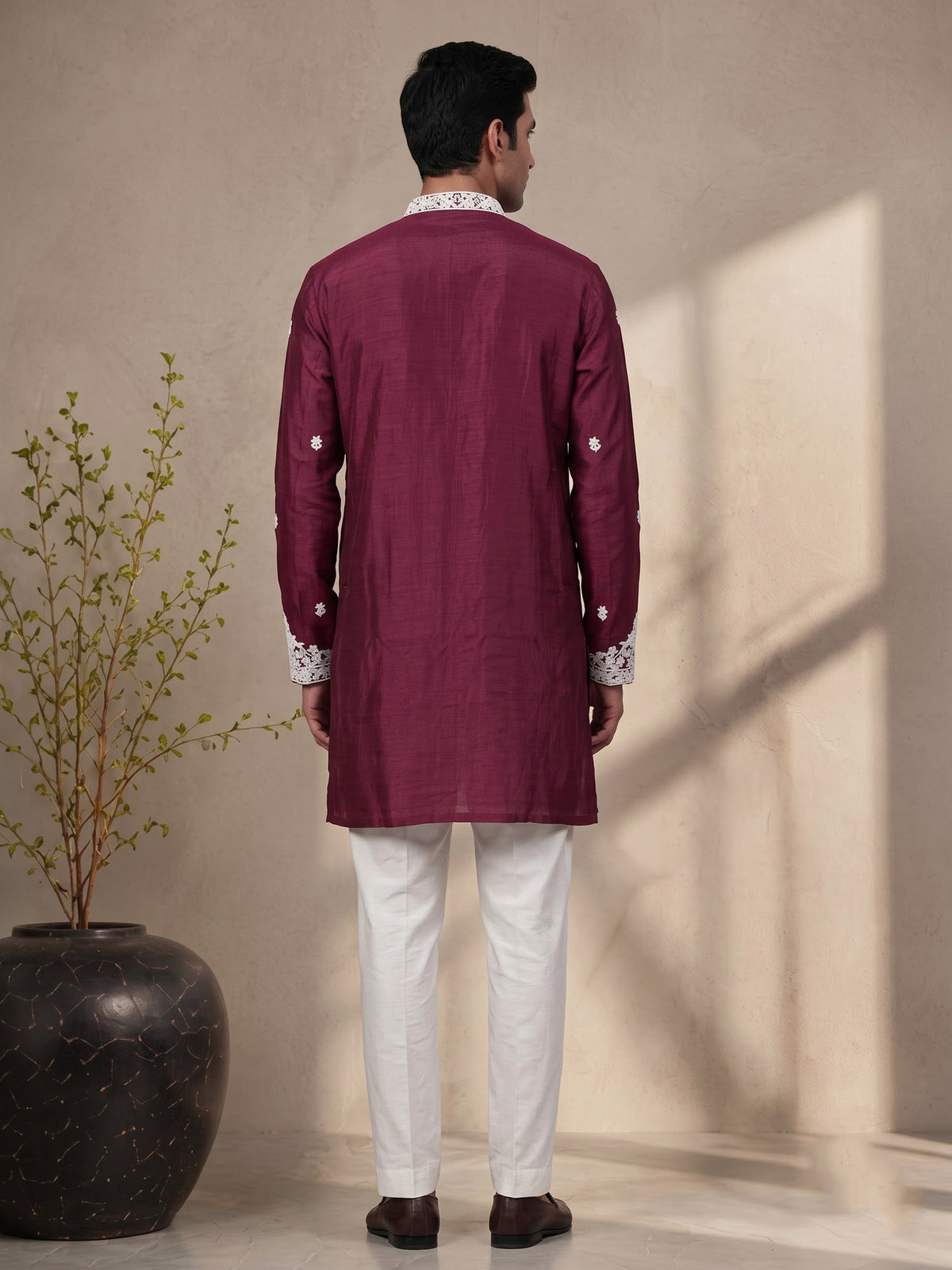 Wine silk kurta suit with intricate floral beadwork for mens