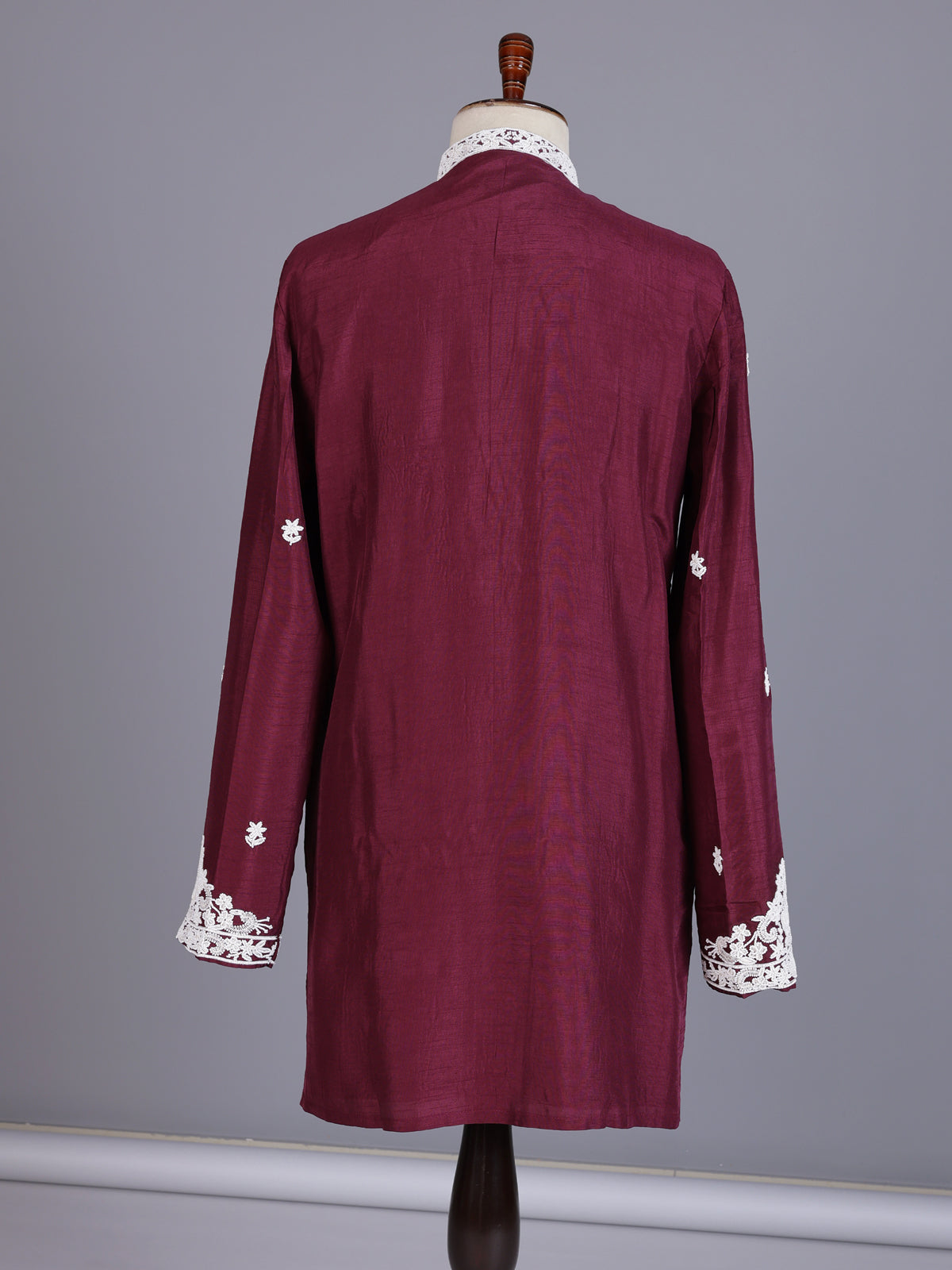 Wine silk kurta suit with intricate floral beadwork for mens
