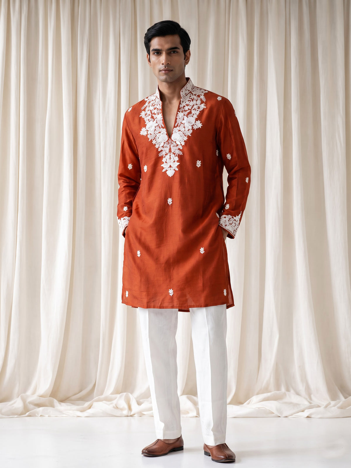 Rust orange silk kurta suit with floral bead embellishments