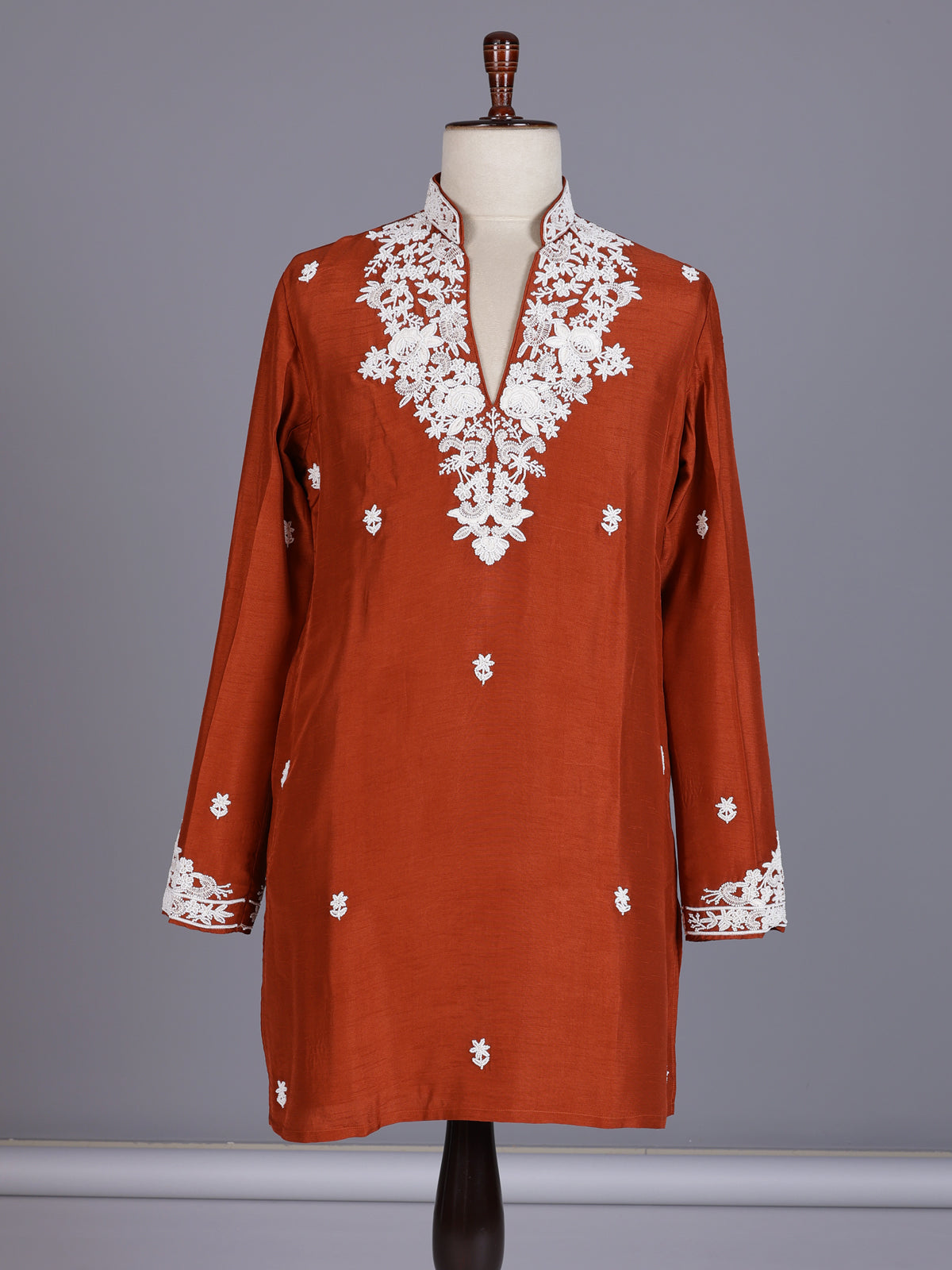Rust orange silk kurta suit with floral bead embellishments