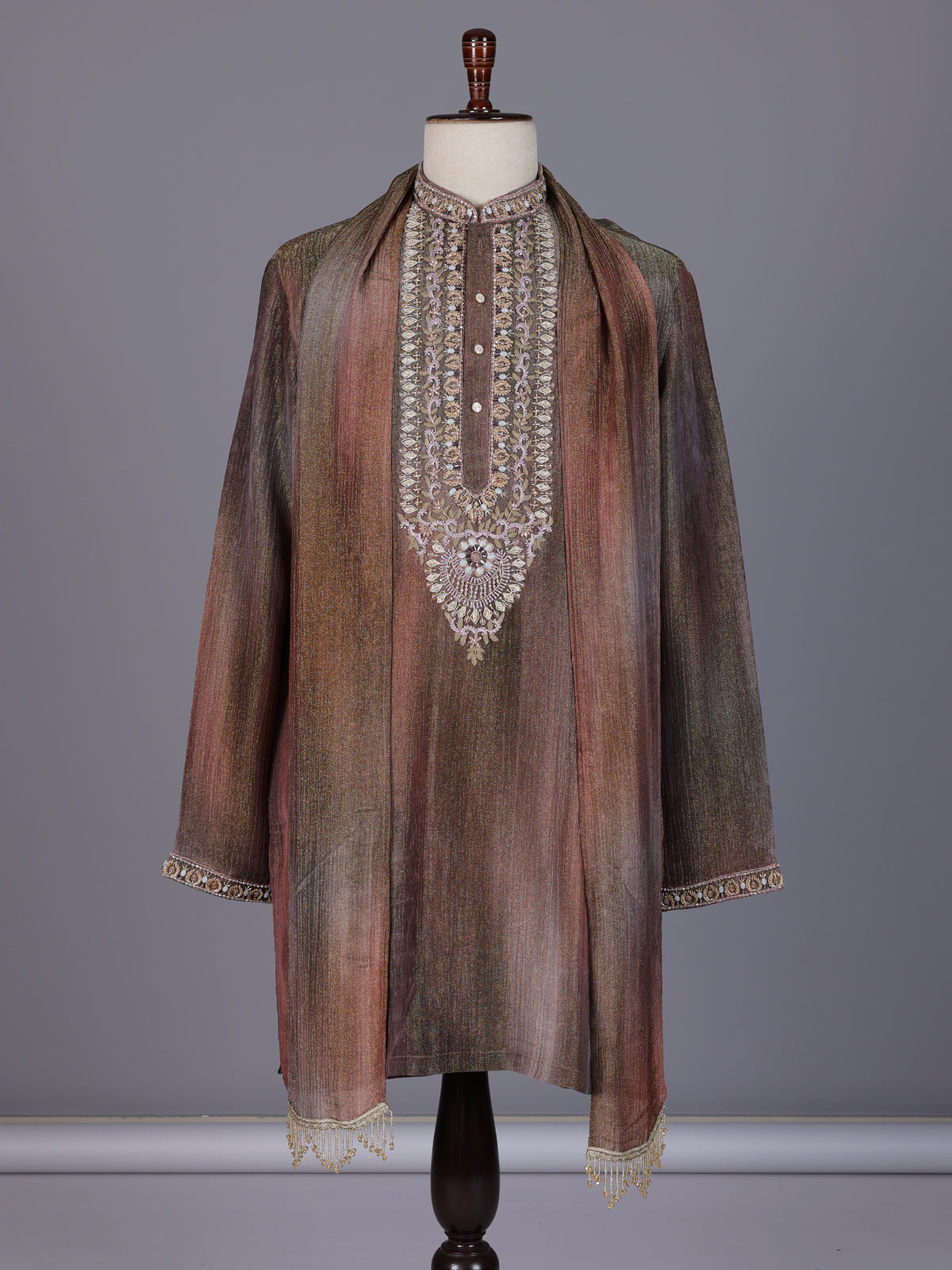 Pastel brown silk yoke kurta suit with zardosi pearl detailing