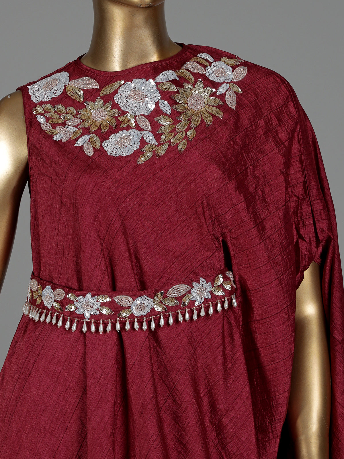 Maroon chiffon silk western-style suit with waistbelt