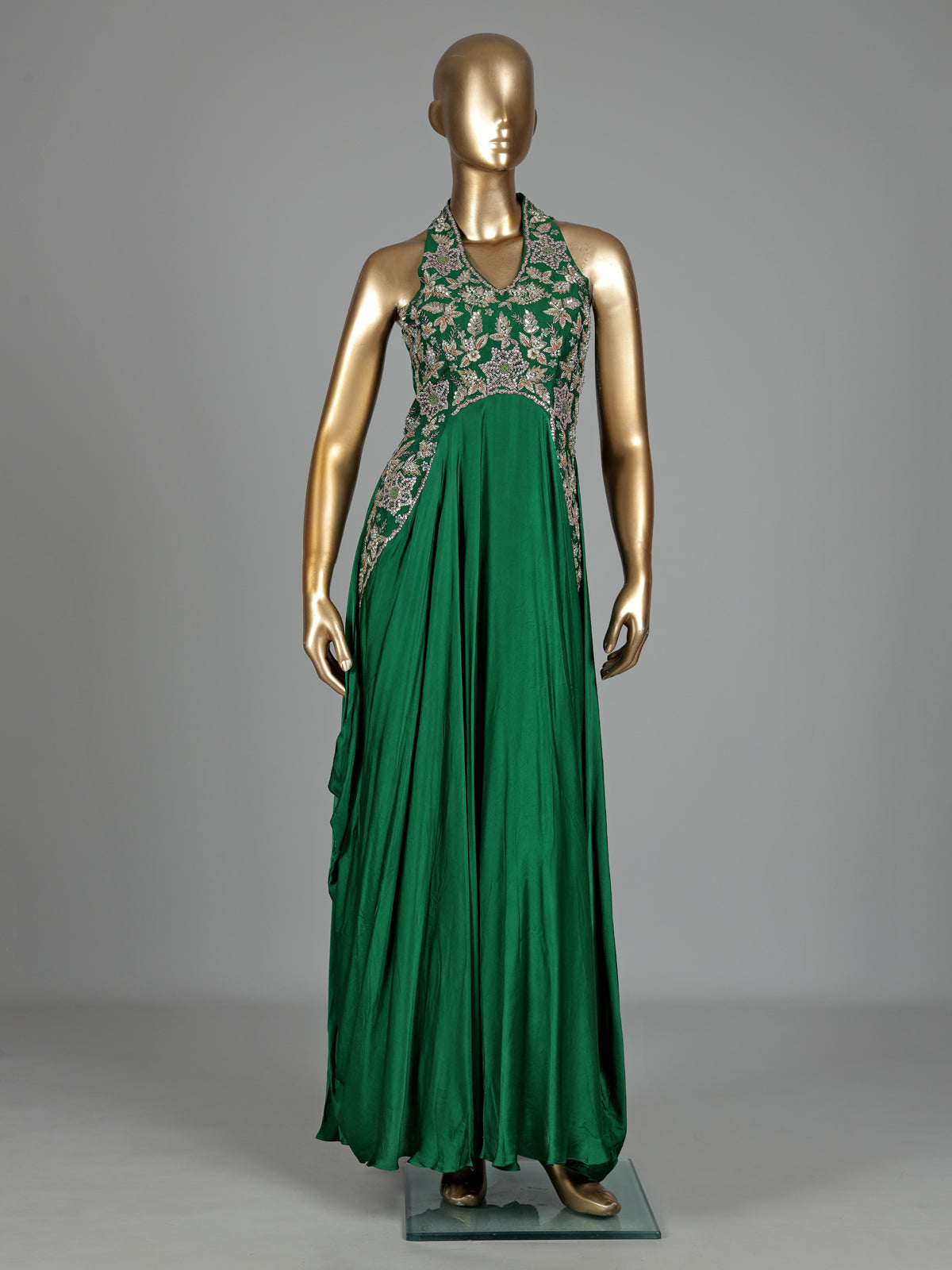 Green satin silk designer anarkali suit
