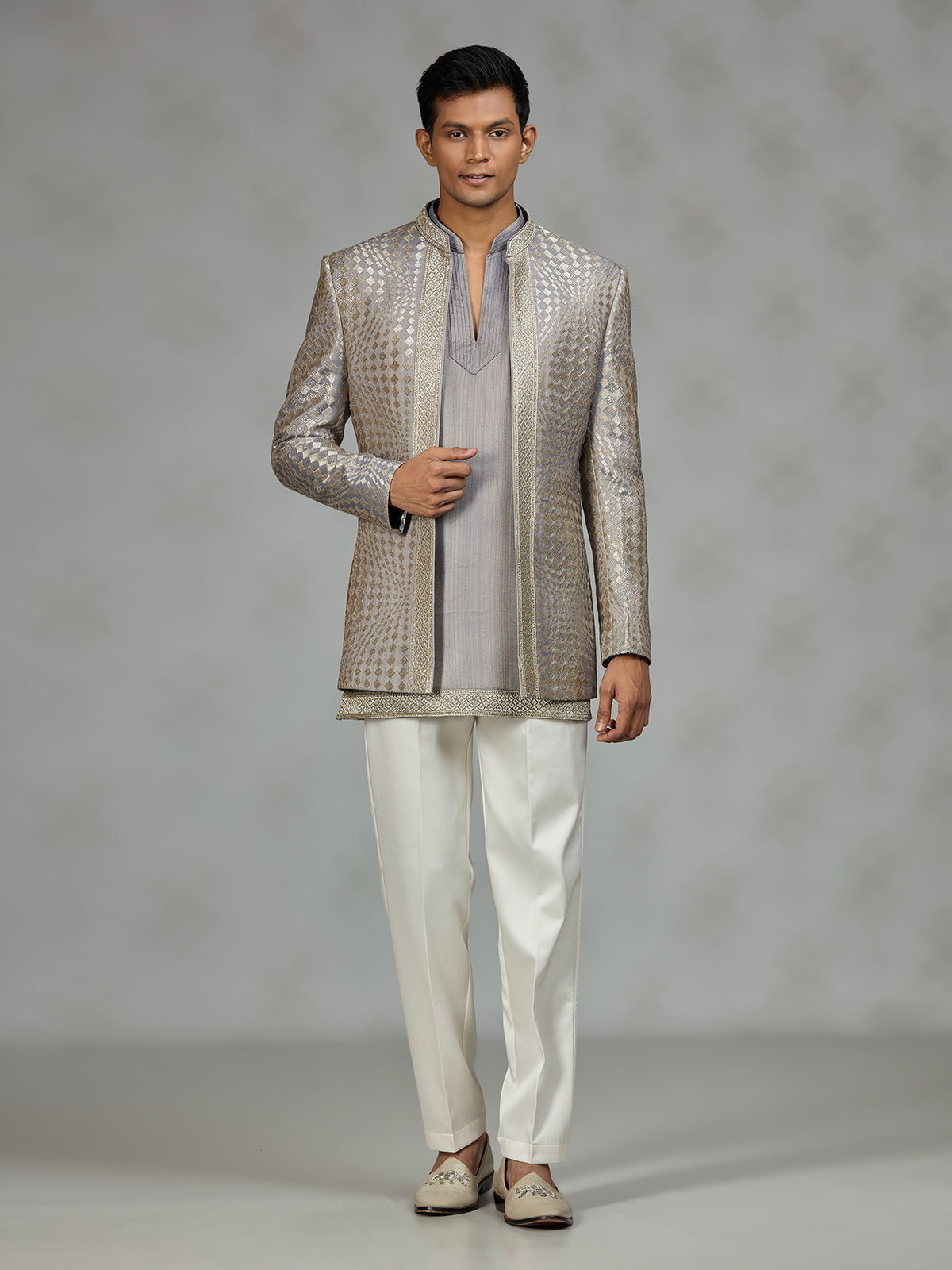 Silver luxury textured mens indo western