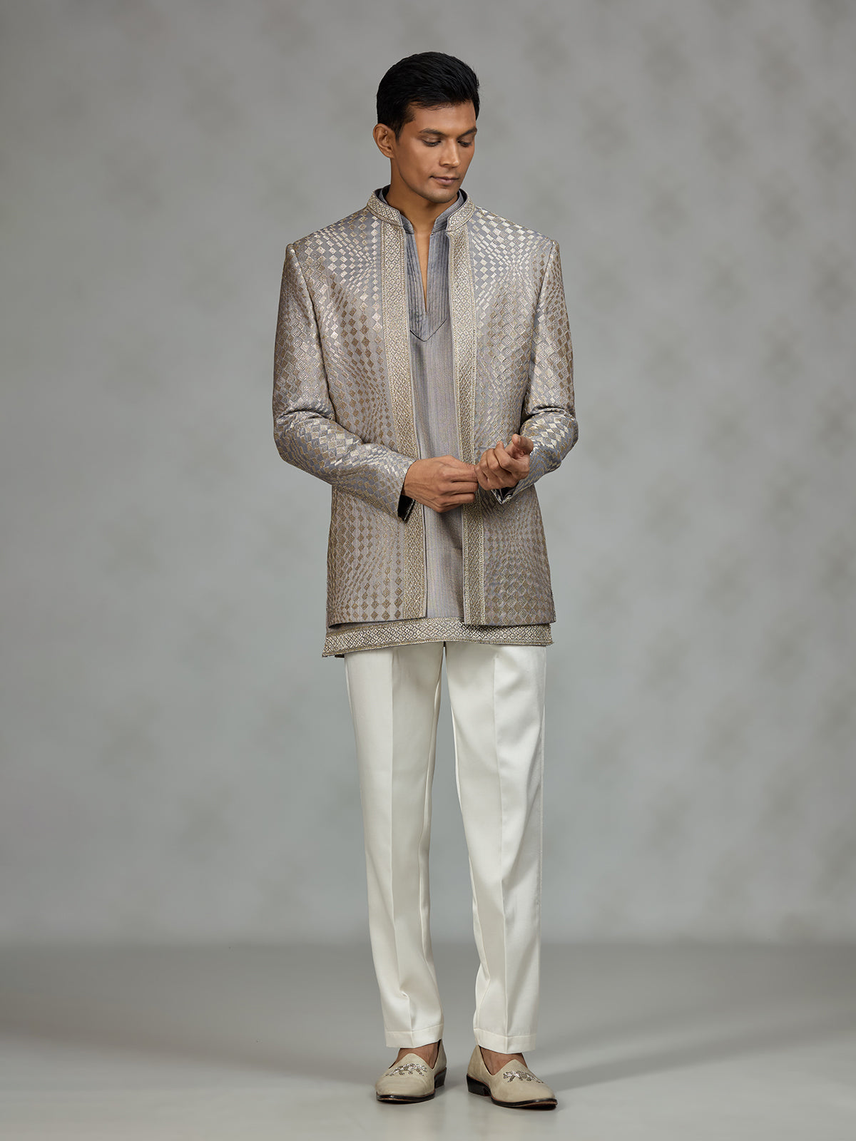 Silver luxury textured mens indo western