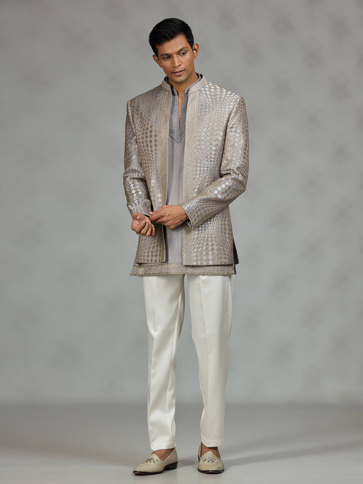 Silver luxury textured mens indo western