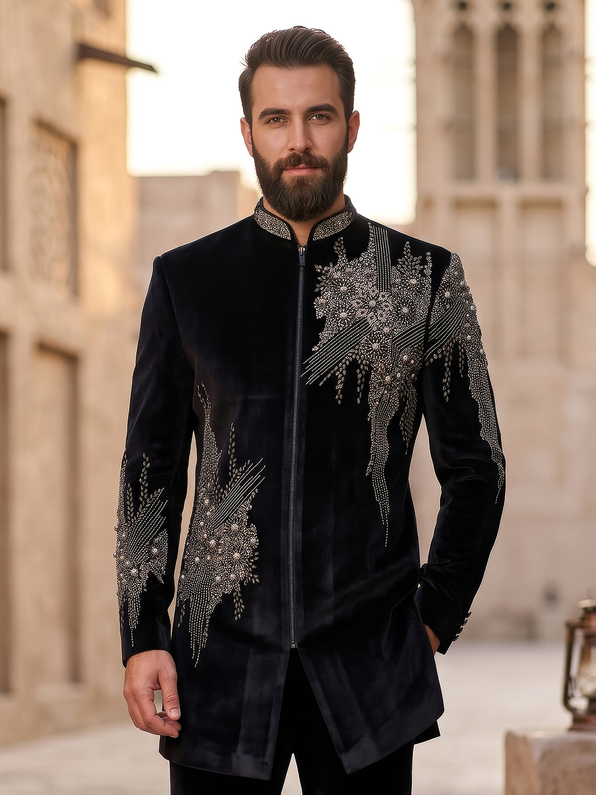 Black premium mens indo western for grand celebration