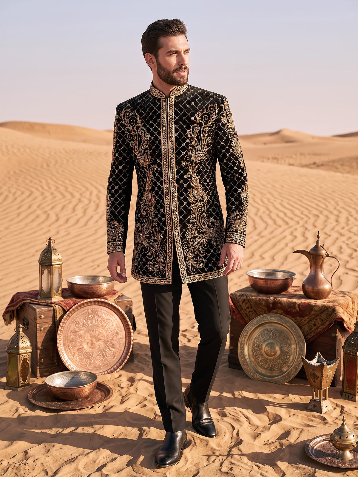 Black geometric mens indo western