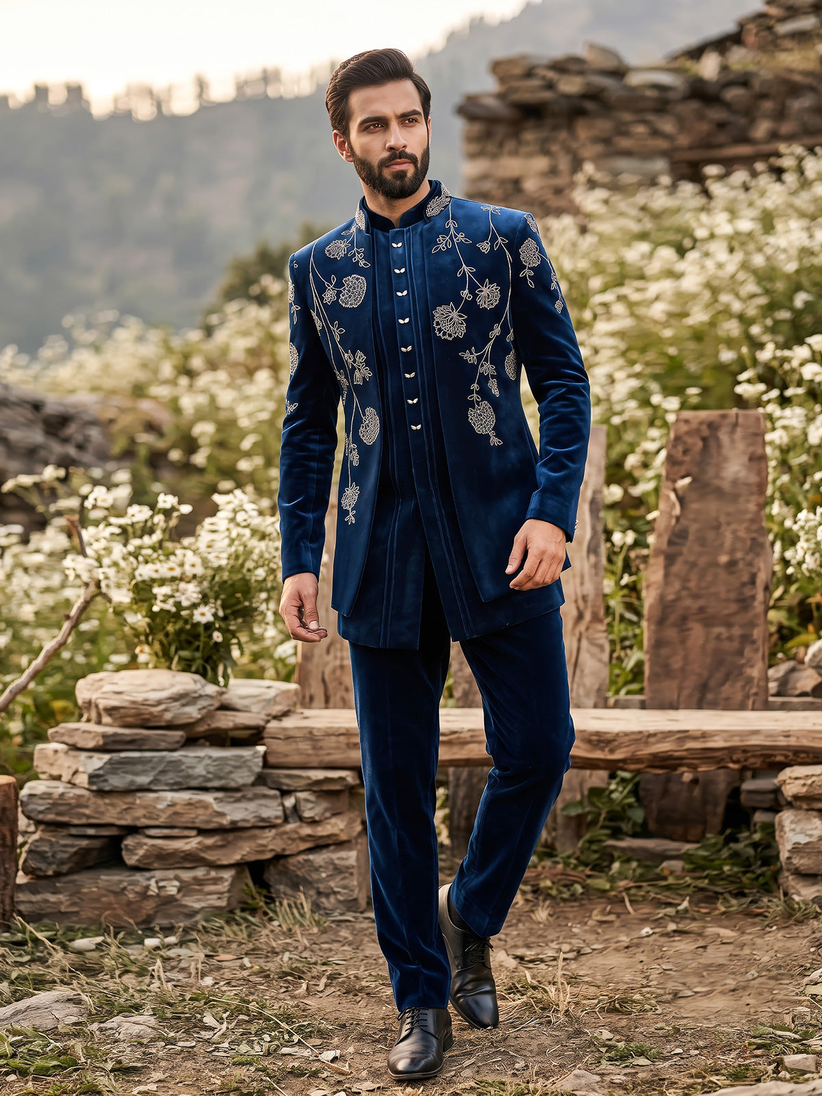 Peacock blue layered mens indo western