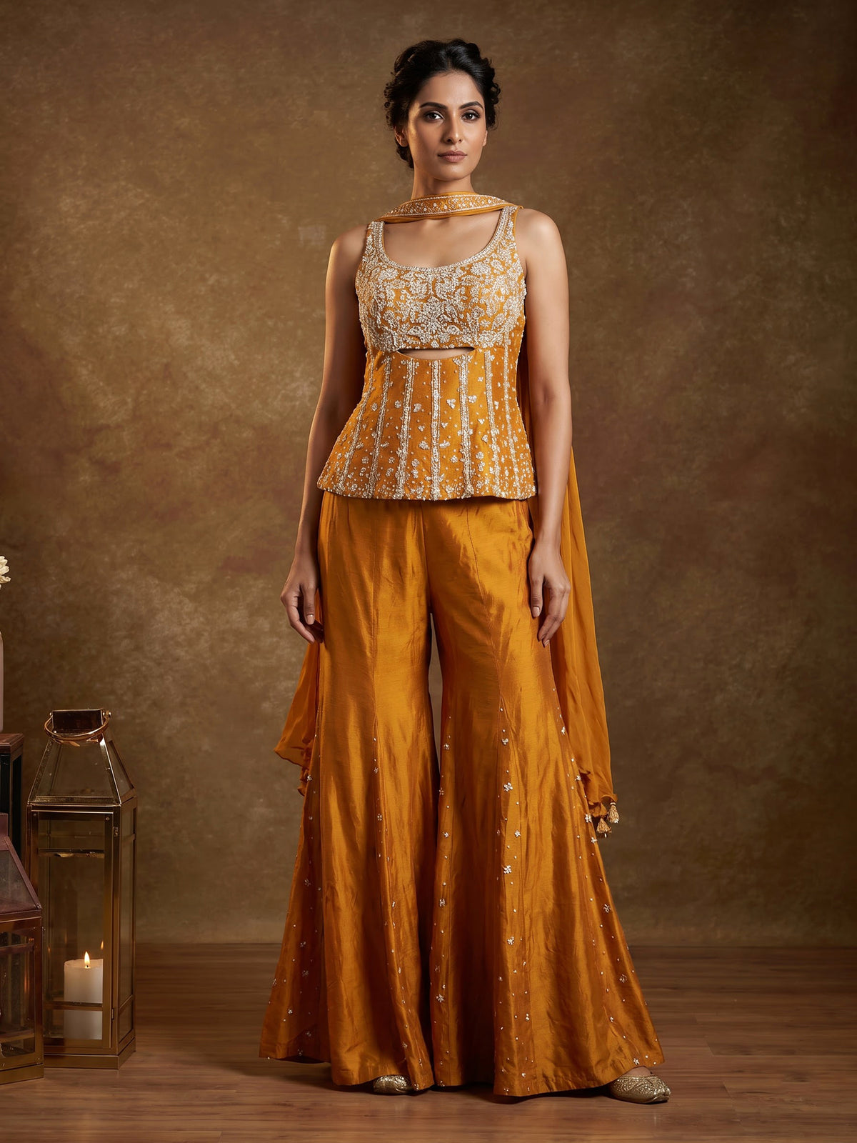 Rust orange silk palazzo suit with beadwork