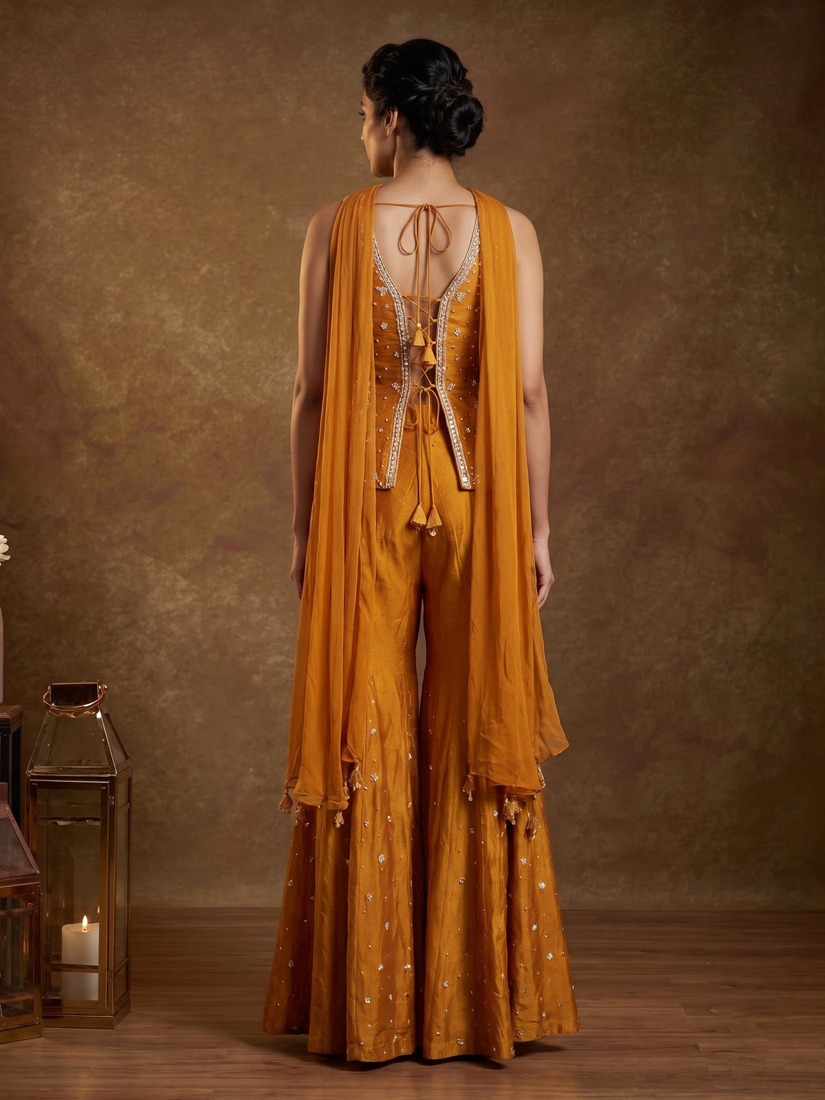 Rust orange silk palazzo suit with beadwork
