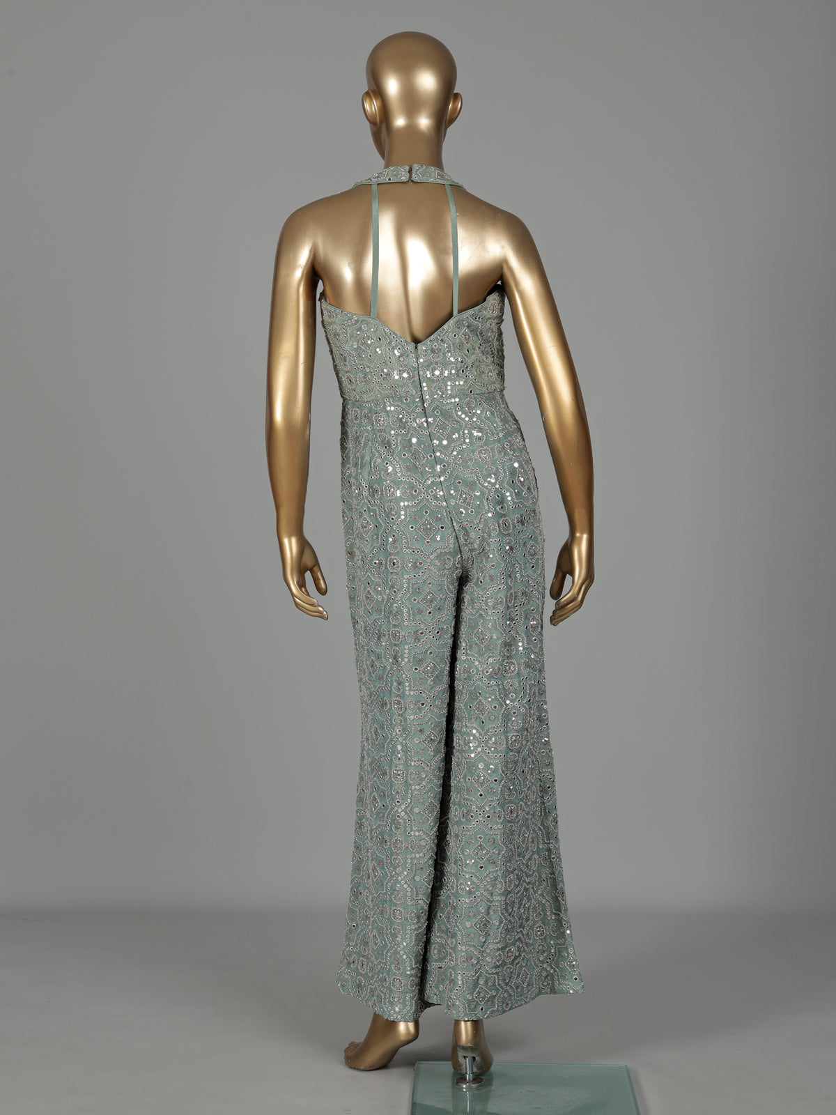 Mint green silk designer jumpsuit with aabla work