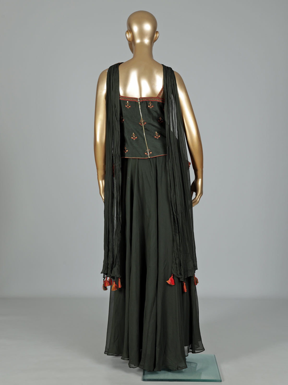 Mehendi green georgette palazzo suit with embroidered tassel detailing