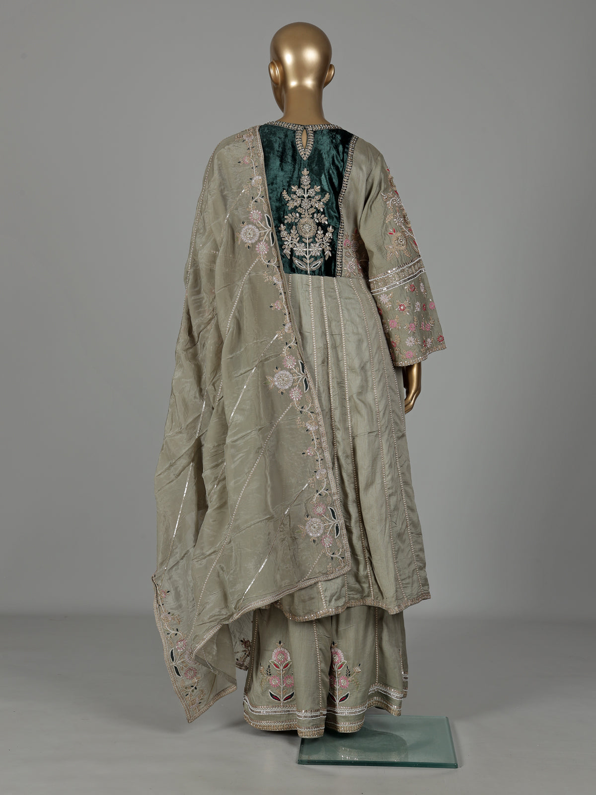 Sage green raw silk pakistani anarkali with embellished palazzo and dupatta