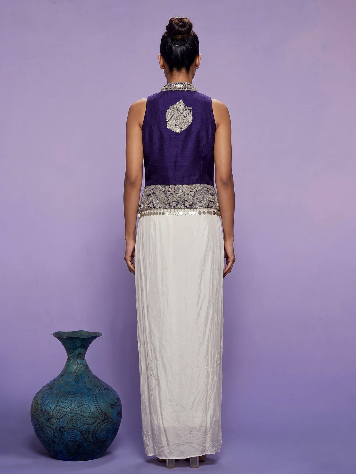 Purple white satin crepe silk indowestern suit with coin tassels
