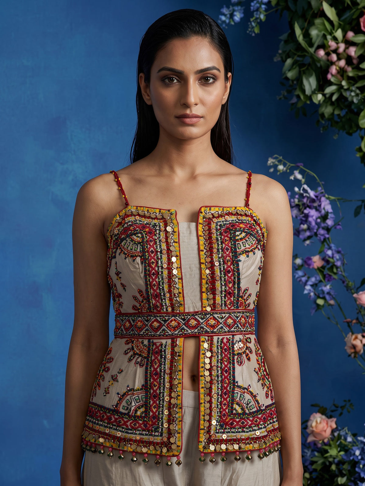 Beige silk designer palazzo suit with coin tassel detailing