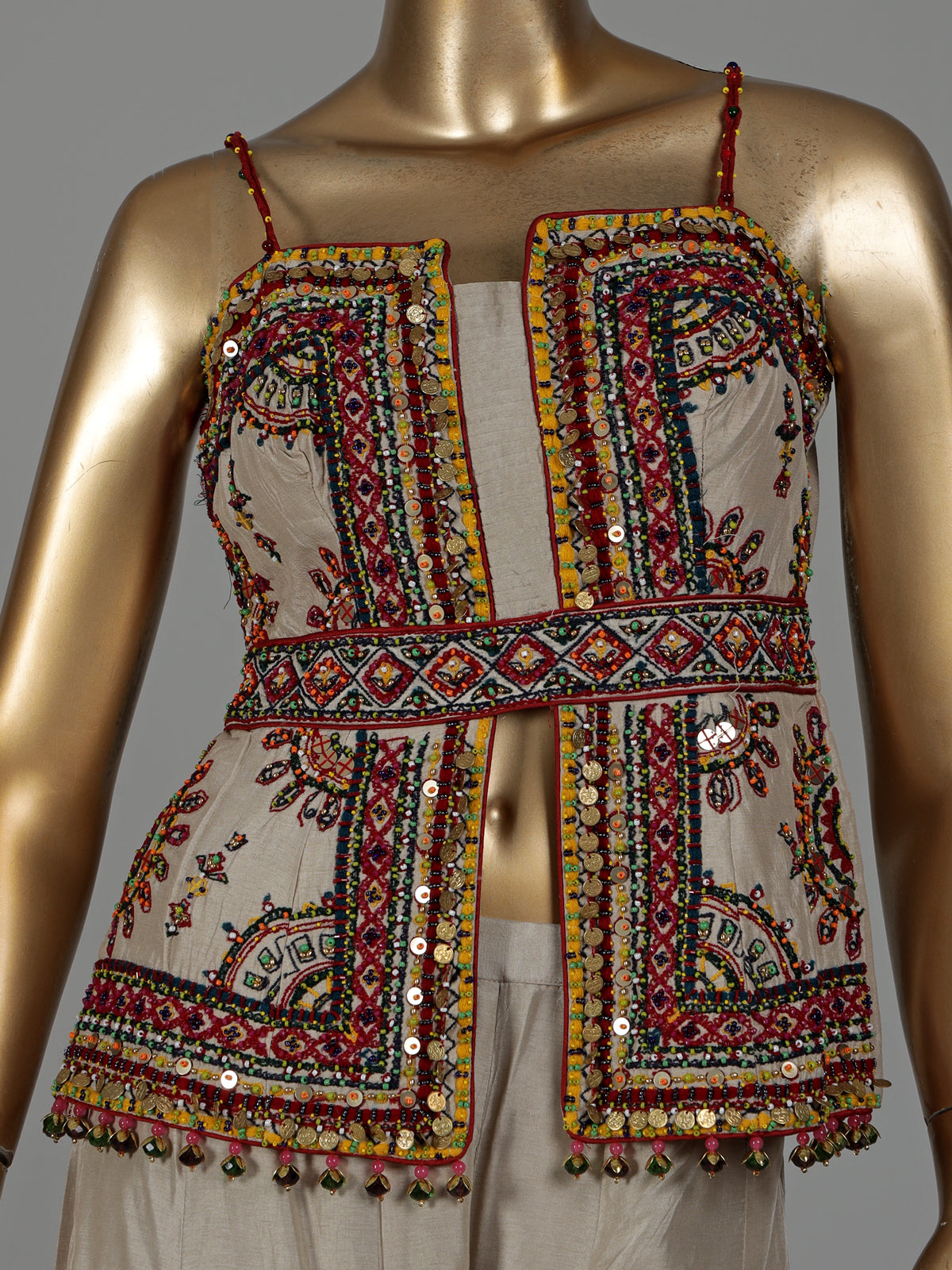 Beige silk designer palazzo suit with coin tassel detailing