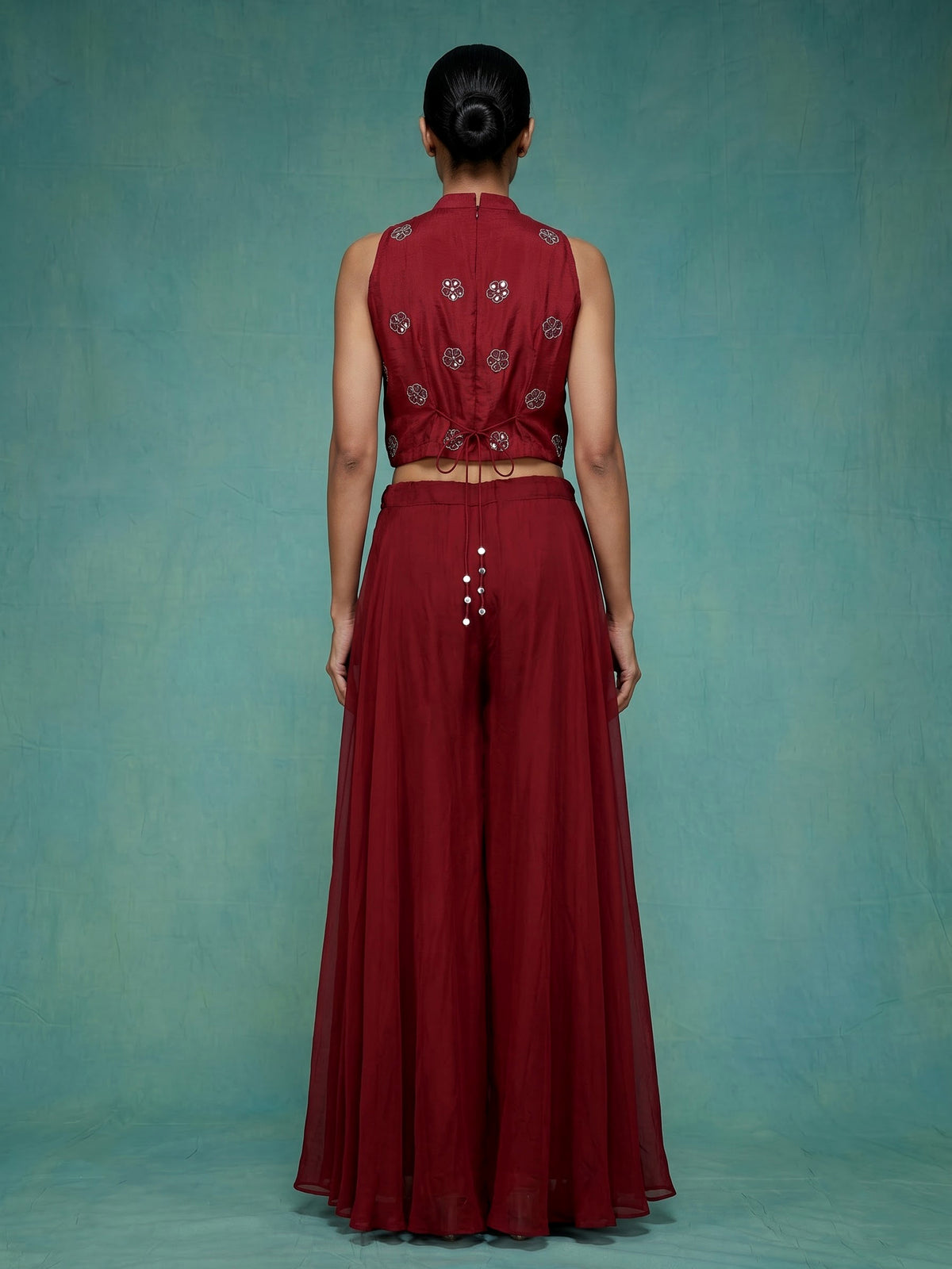 Maroon silk georgette floral palazzo suit with pearl cutdana detailing