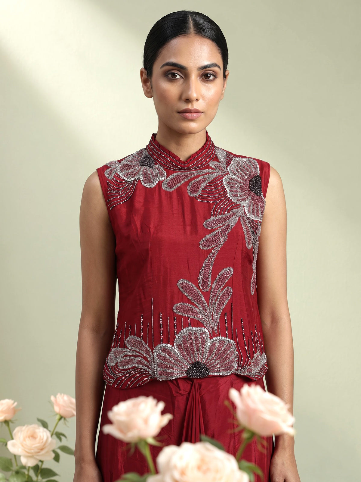 Maroon satin crepe silk indowestern suit with floral diamond embellishments