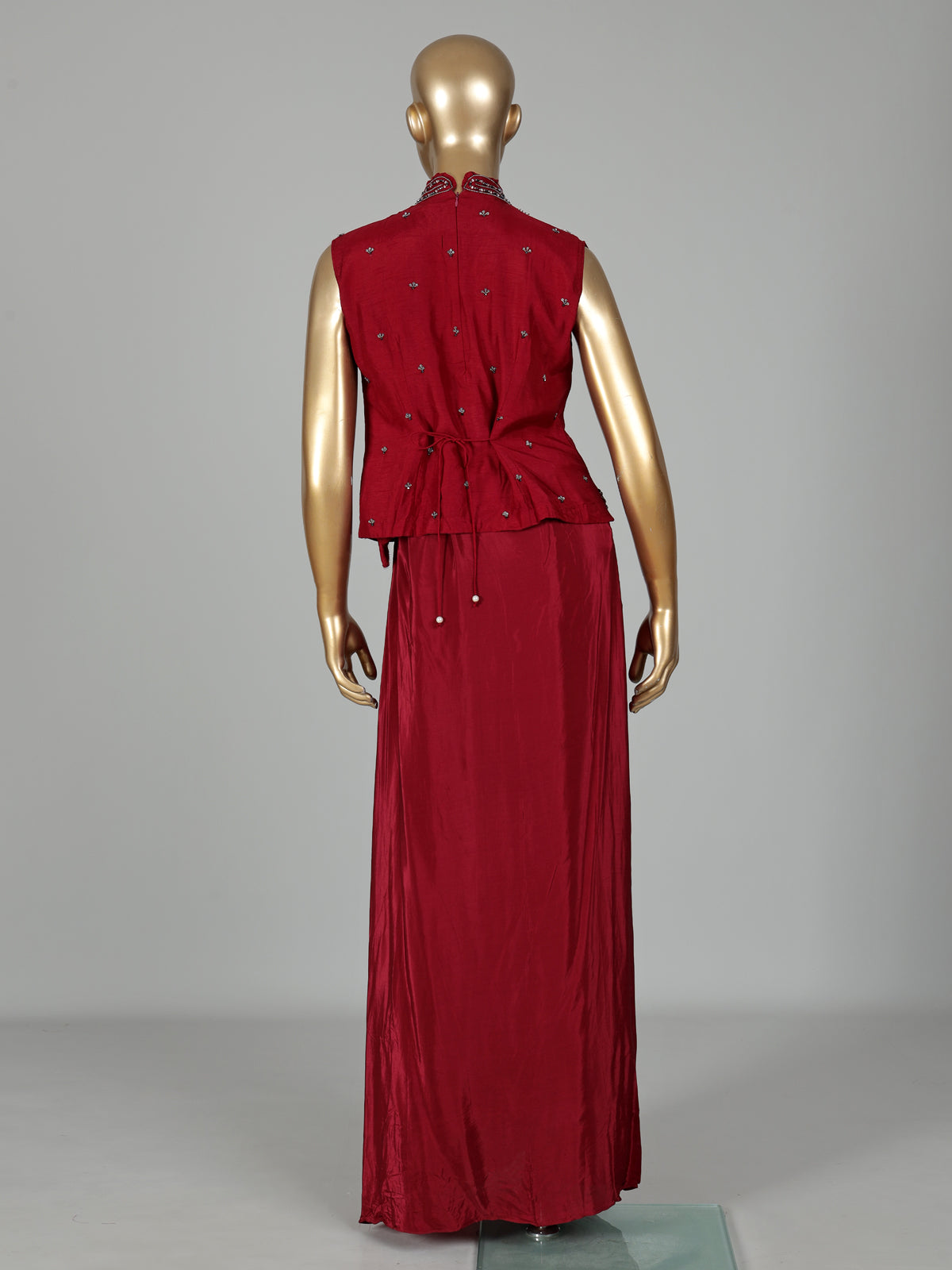 Maroon satin crepe silk indowestern suit with floral diamond embellishments