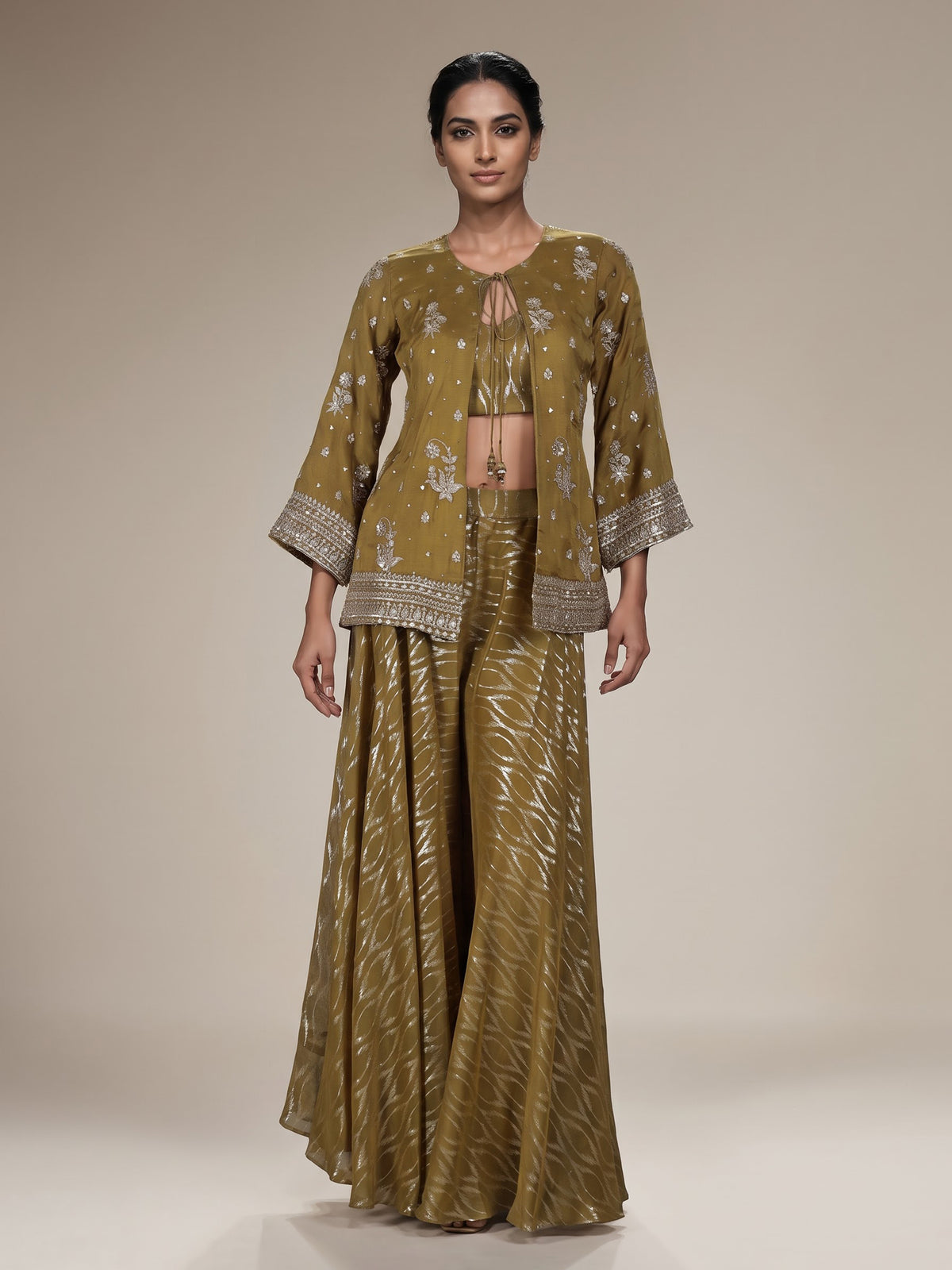 Mehendi olive silk designer palazzo suit
