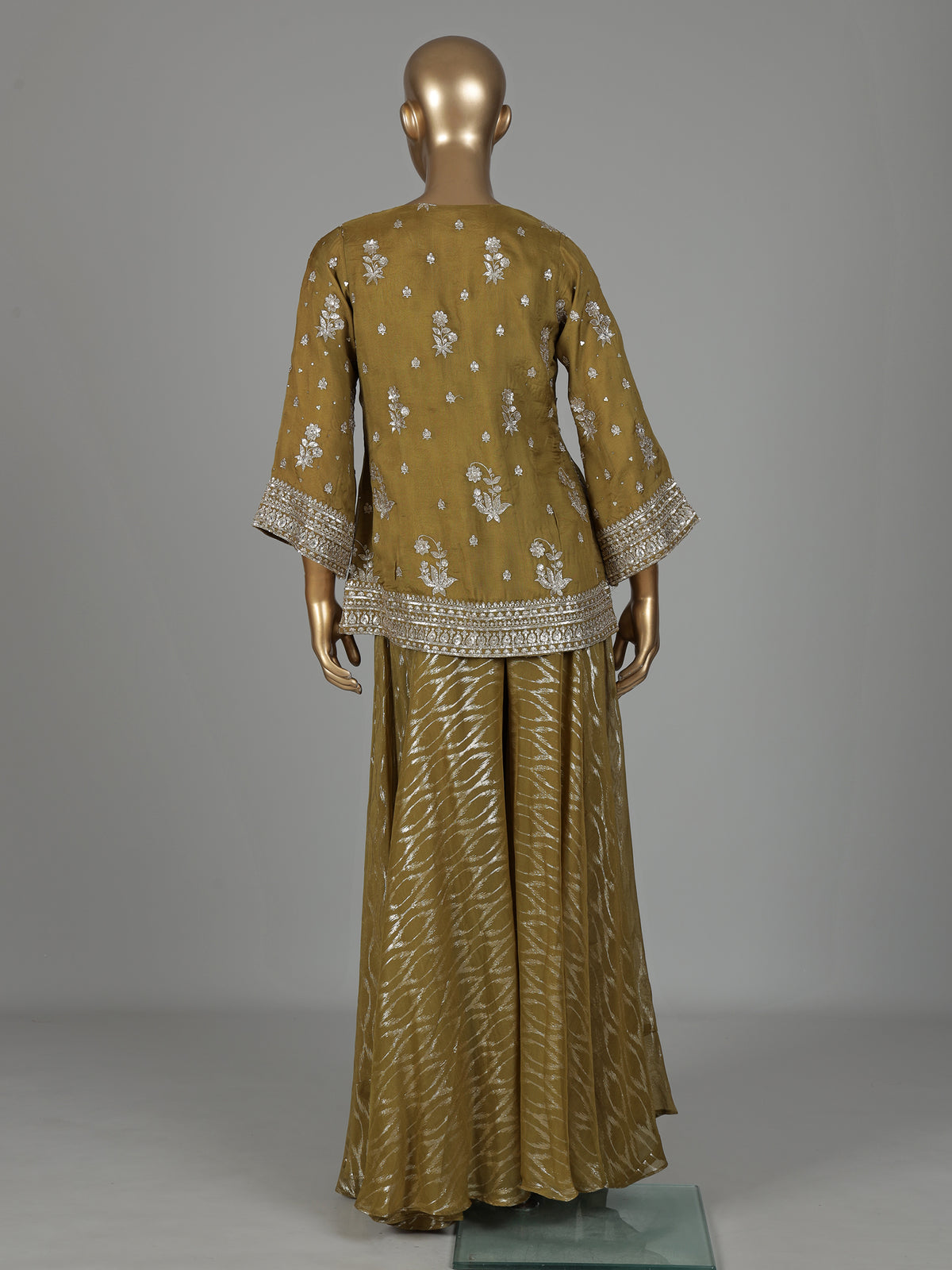 Mehendi olive silk designer palazzo suit