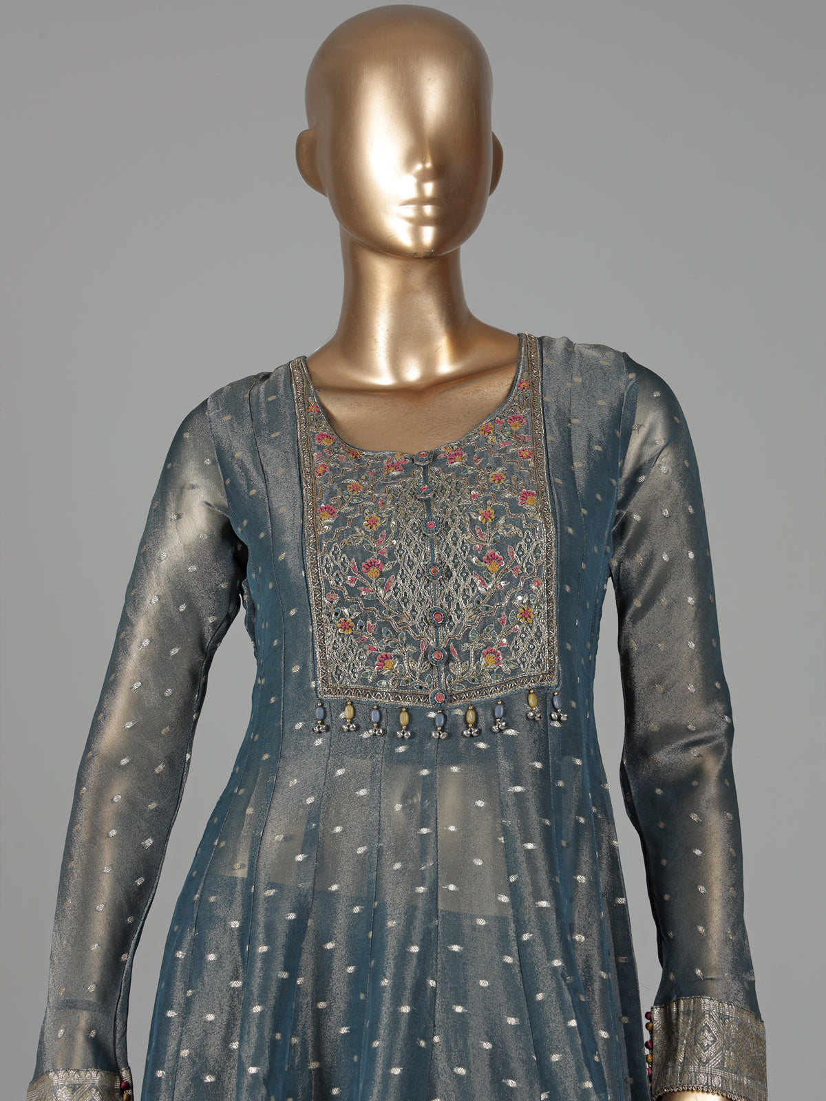 Stone grey tissue silk anarkali with embellished sweetheart yoke detailing