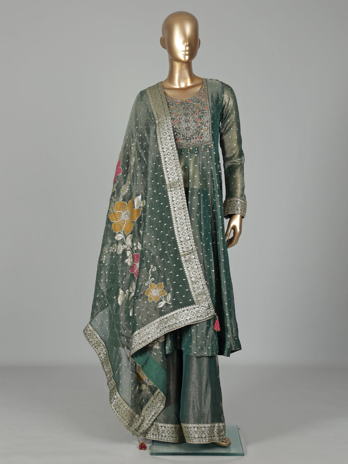 Pastel green tissue silk anarkali with embellished sweetheart yoke