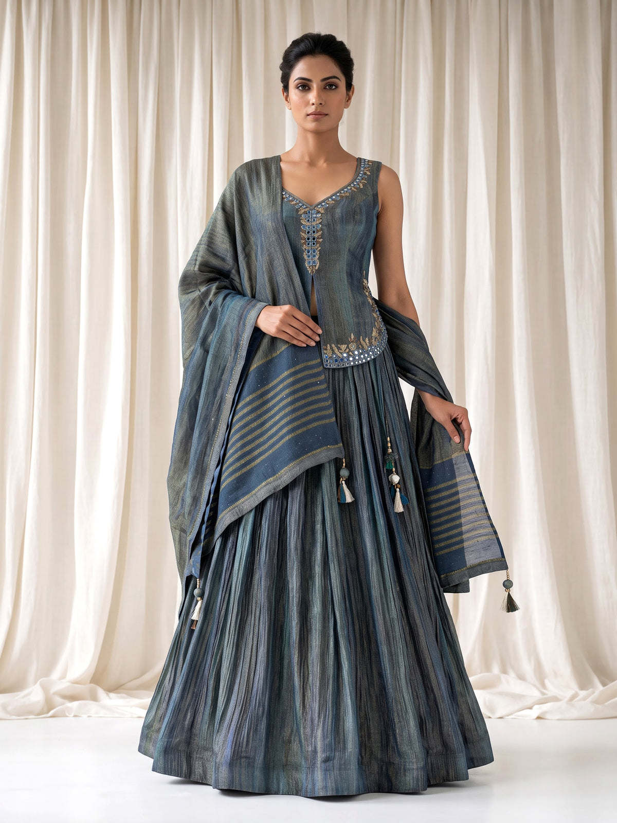 Blue shaded silk lehenga choli with resham zardosi embellishments