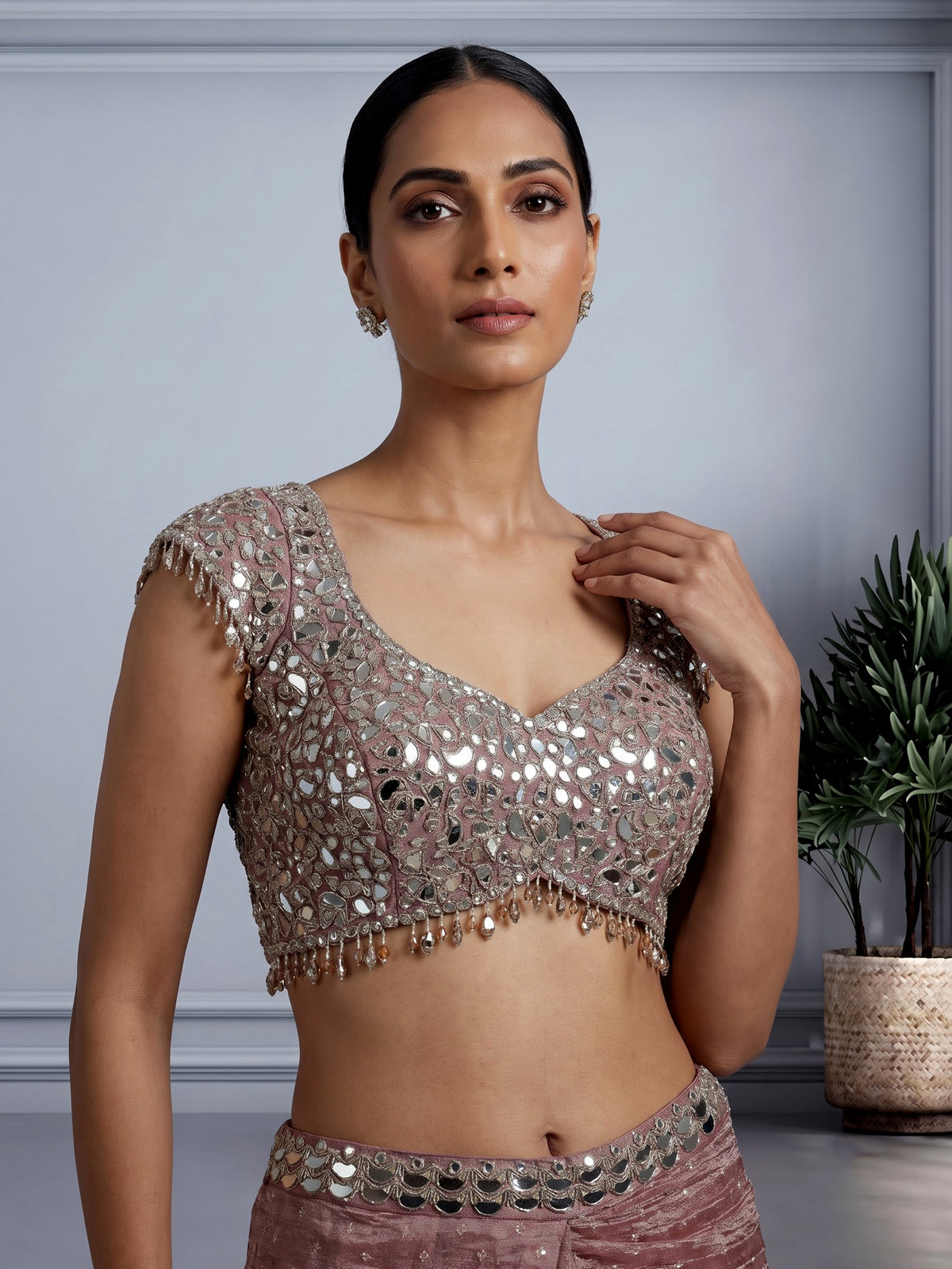 Onion pink tissue silk ready-to-wear saree with zari embellishments