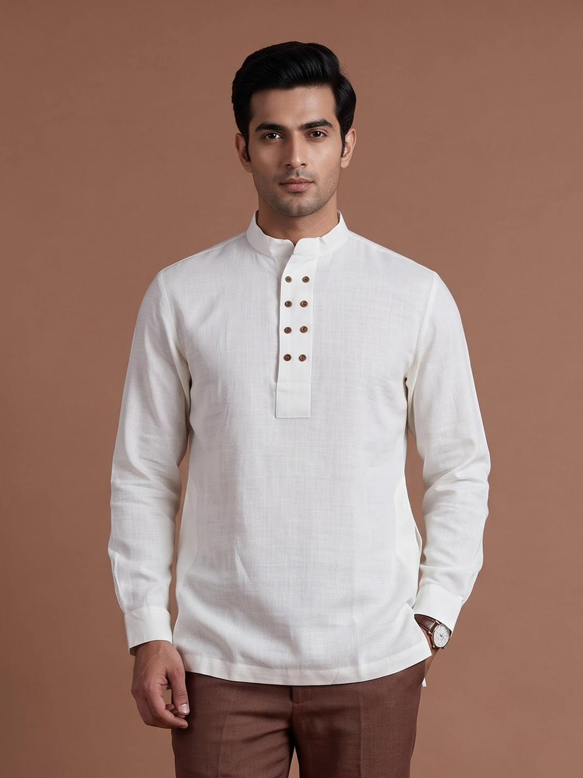White linen solid mens short kurta