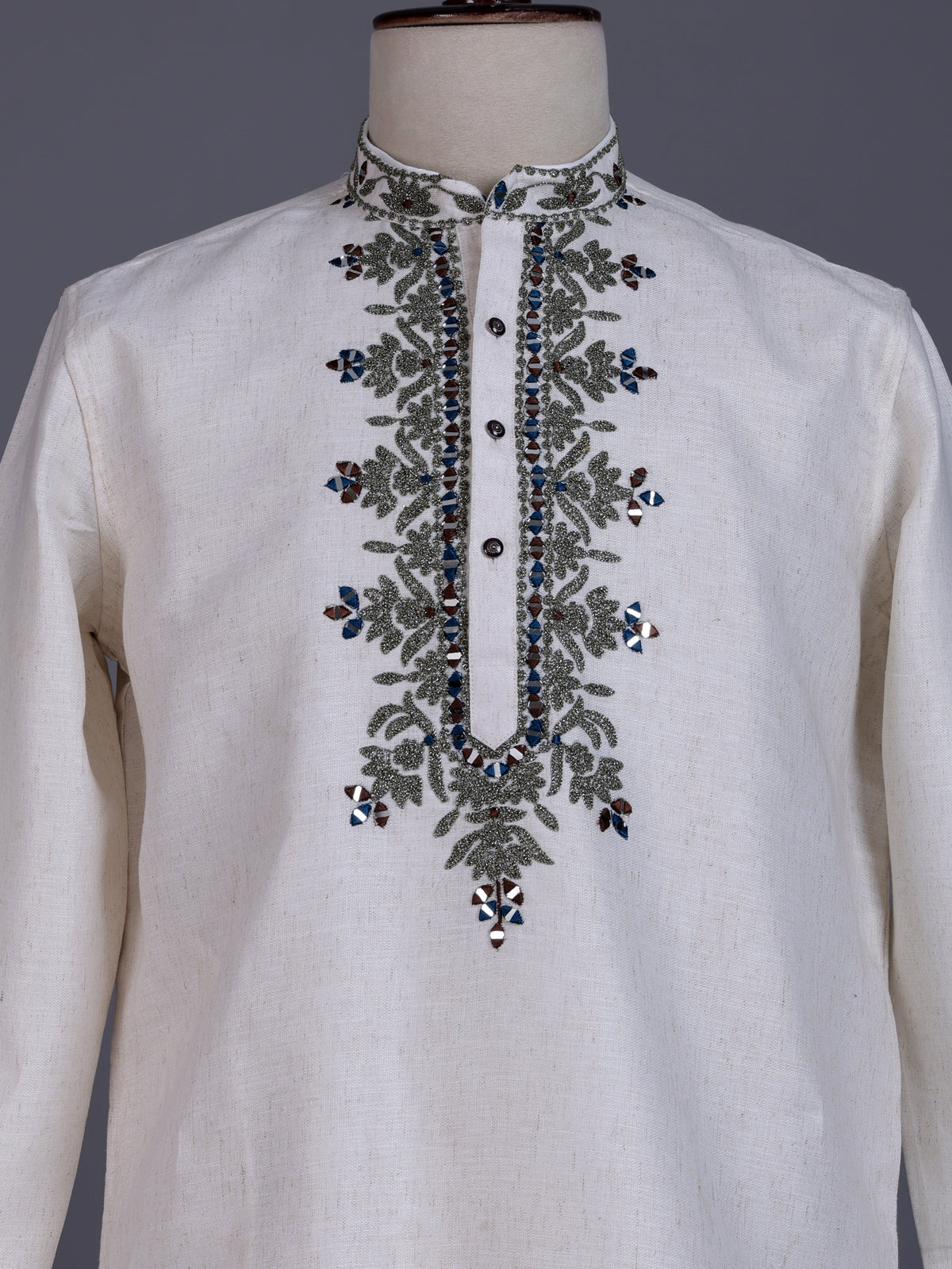 Off white linen mens kurta with intricate aabla threadwork