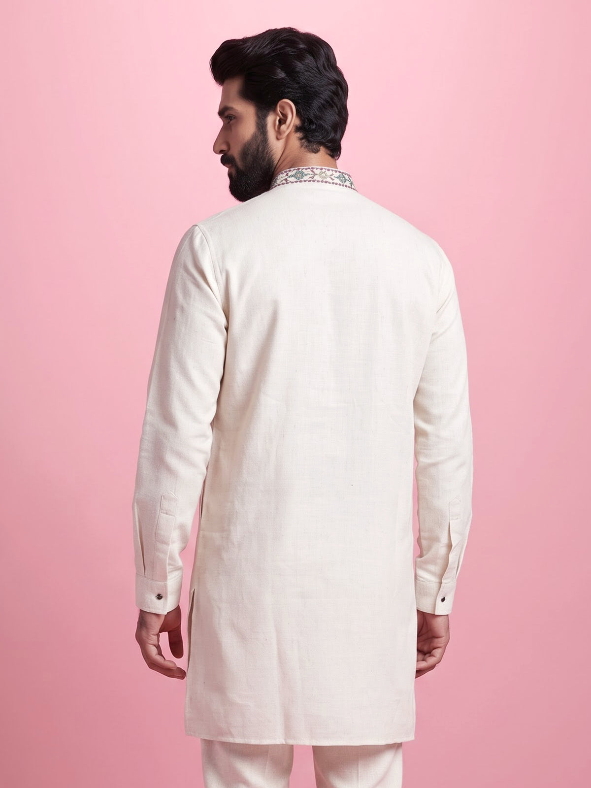 Off white linen mens kurta with thread, aabla embellished yoke