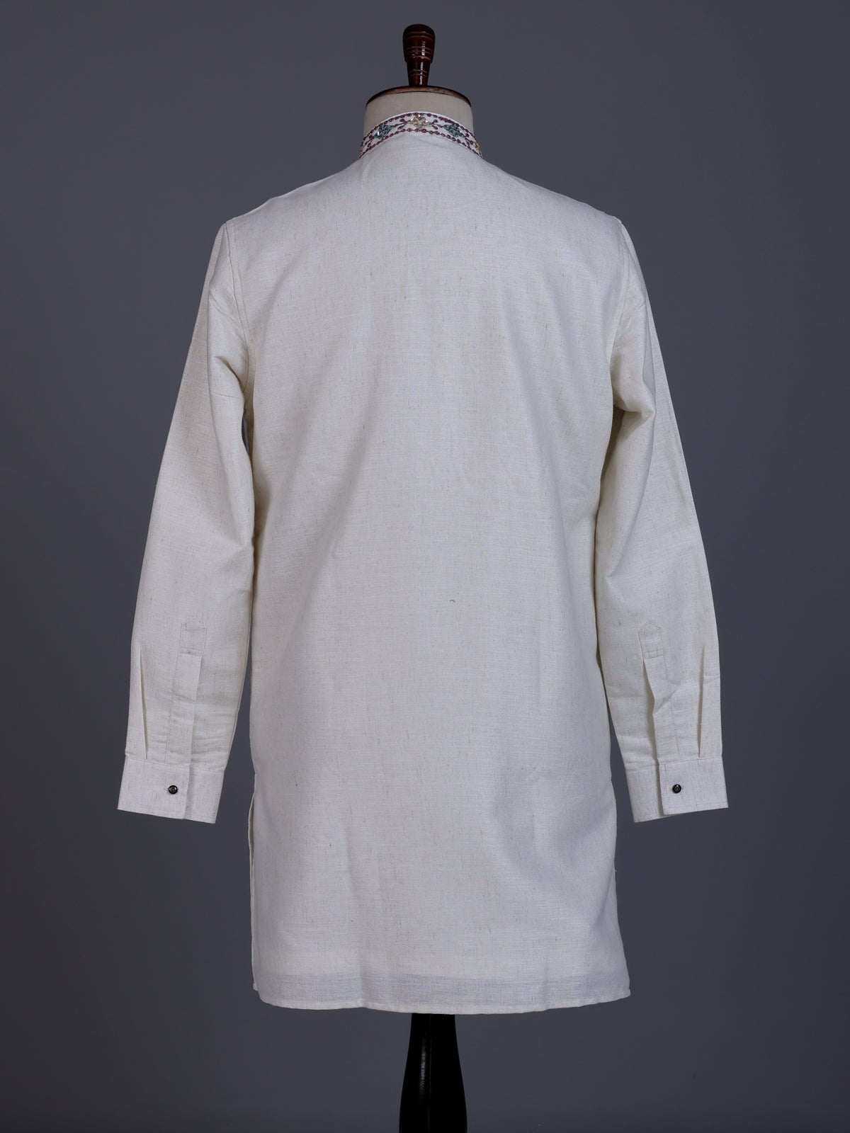 Off white linen mens kurta with thread, aabla embellished yoke