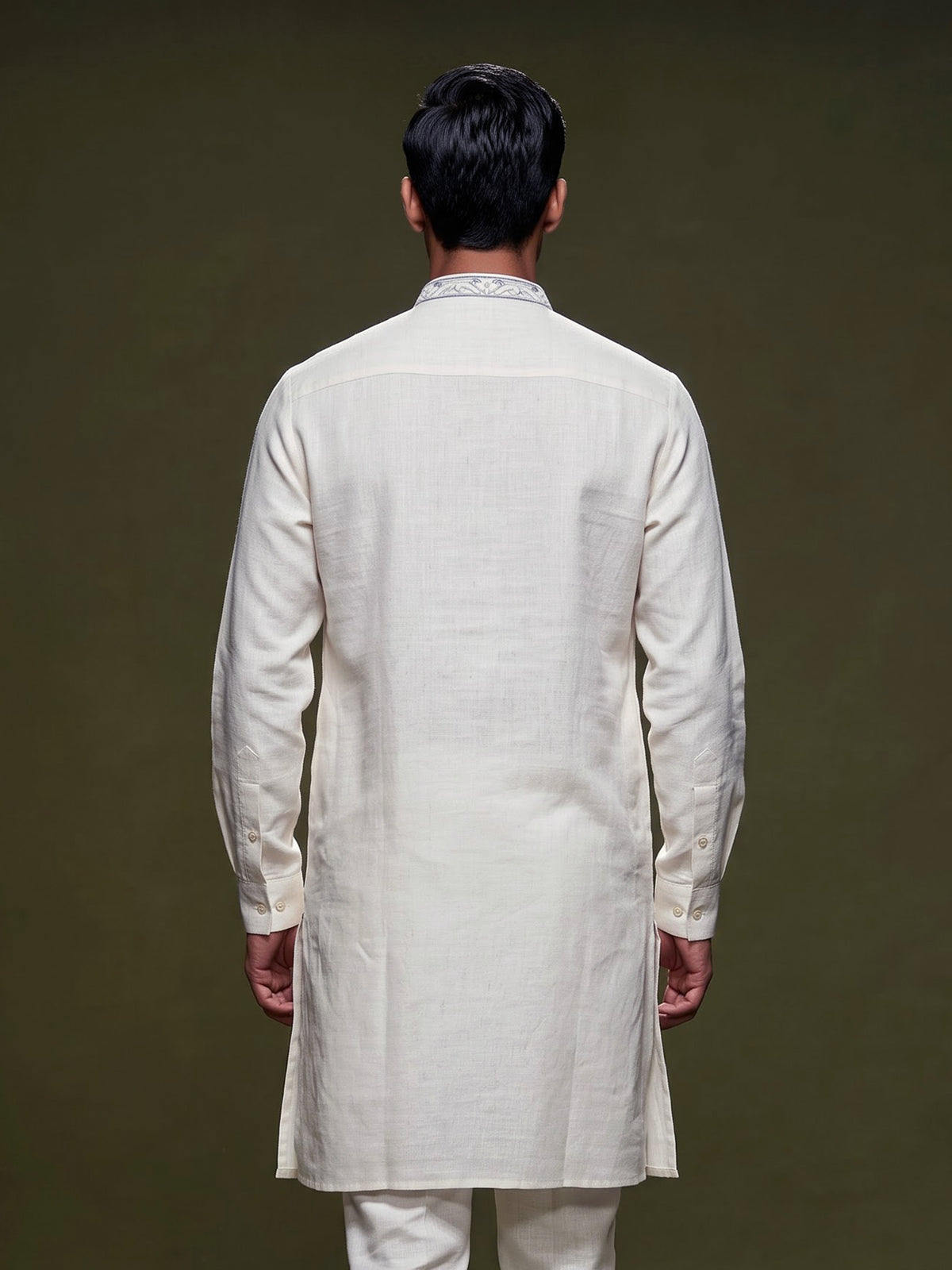 Off white linen mens kurta with thread work