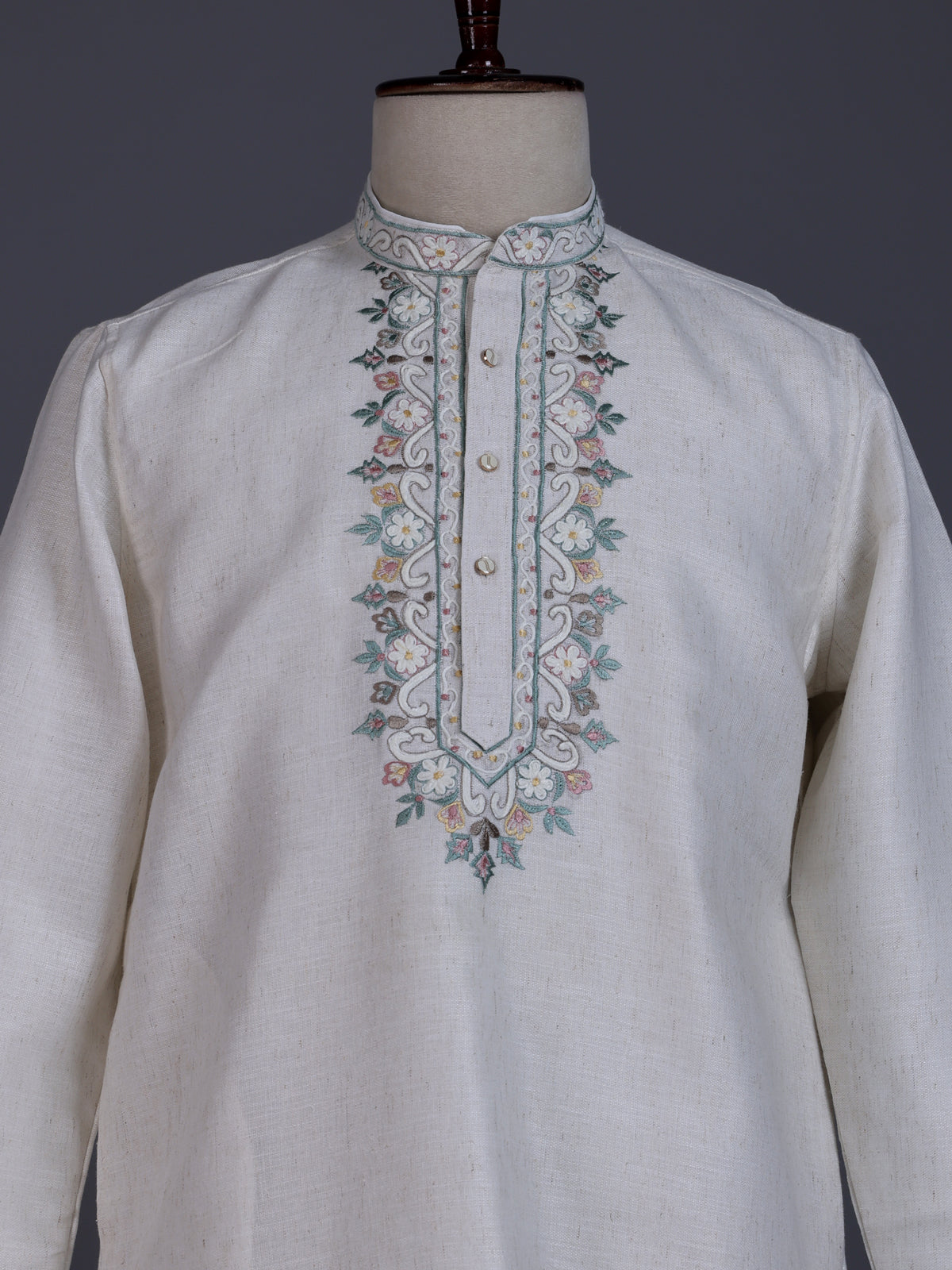 Off white linen mens kurta with thread work