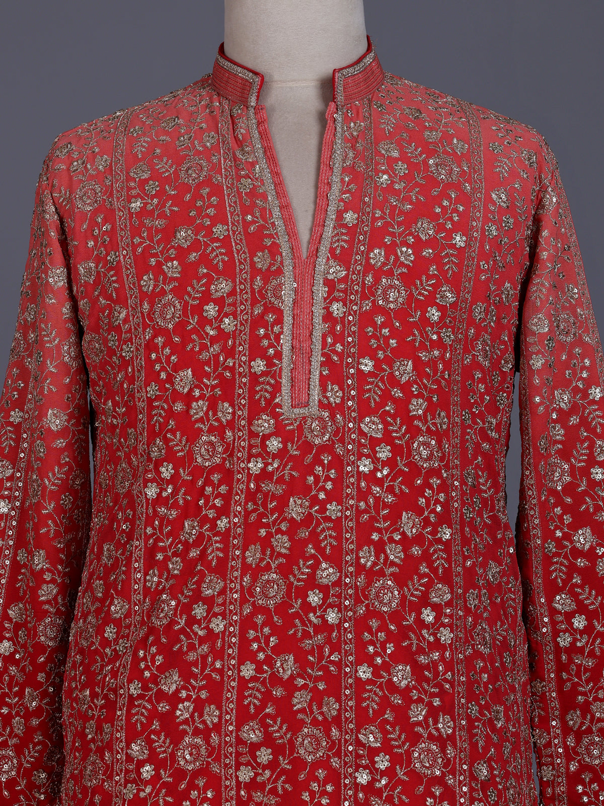 Red georgette mens kurta suit with heavy festive embroidery detailing