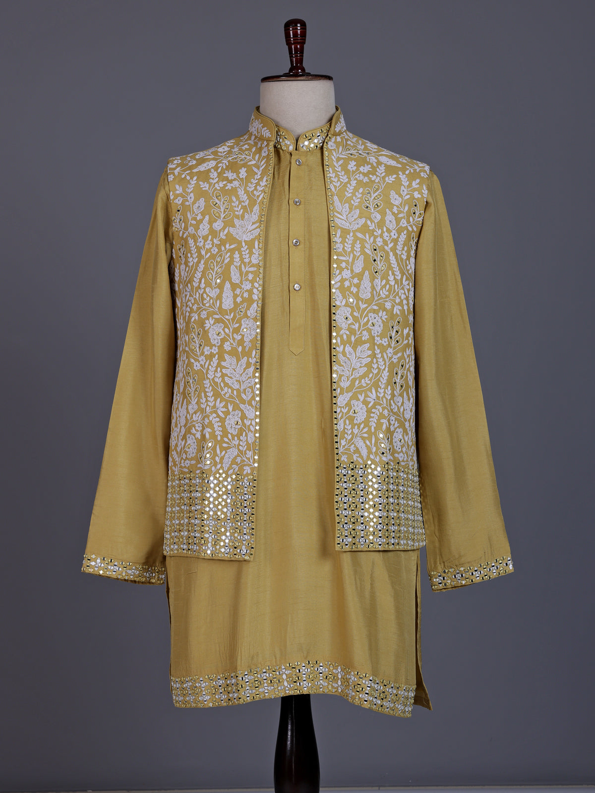 Yellow silk mens waistcoat set with aabla stone border detailing