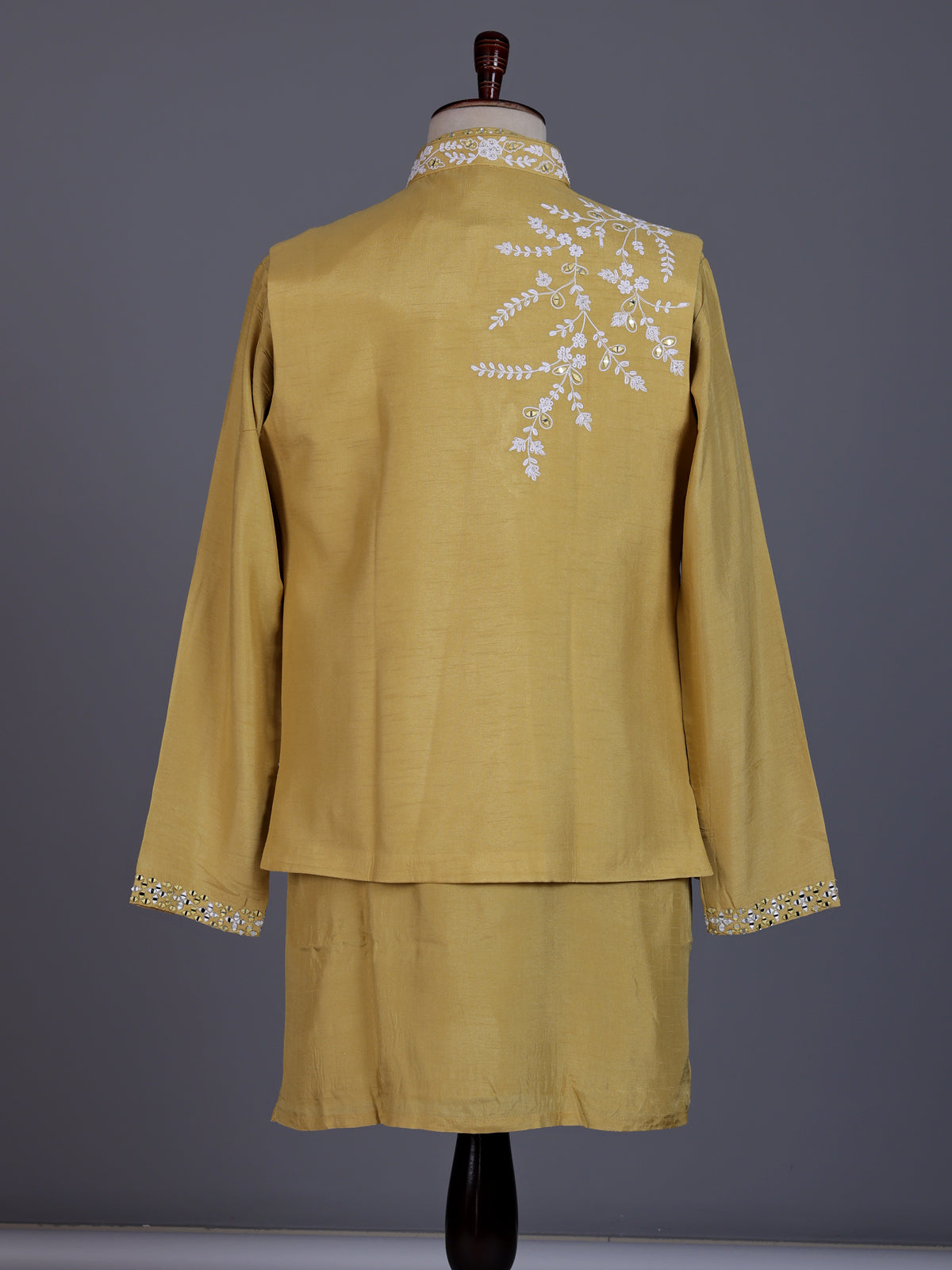 Yellow silk mens waistcoat set with aabla stone border detailing