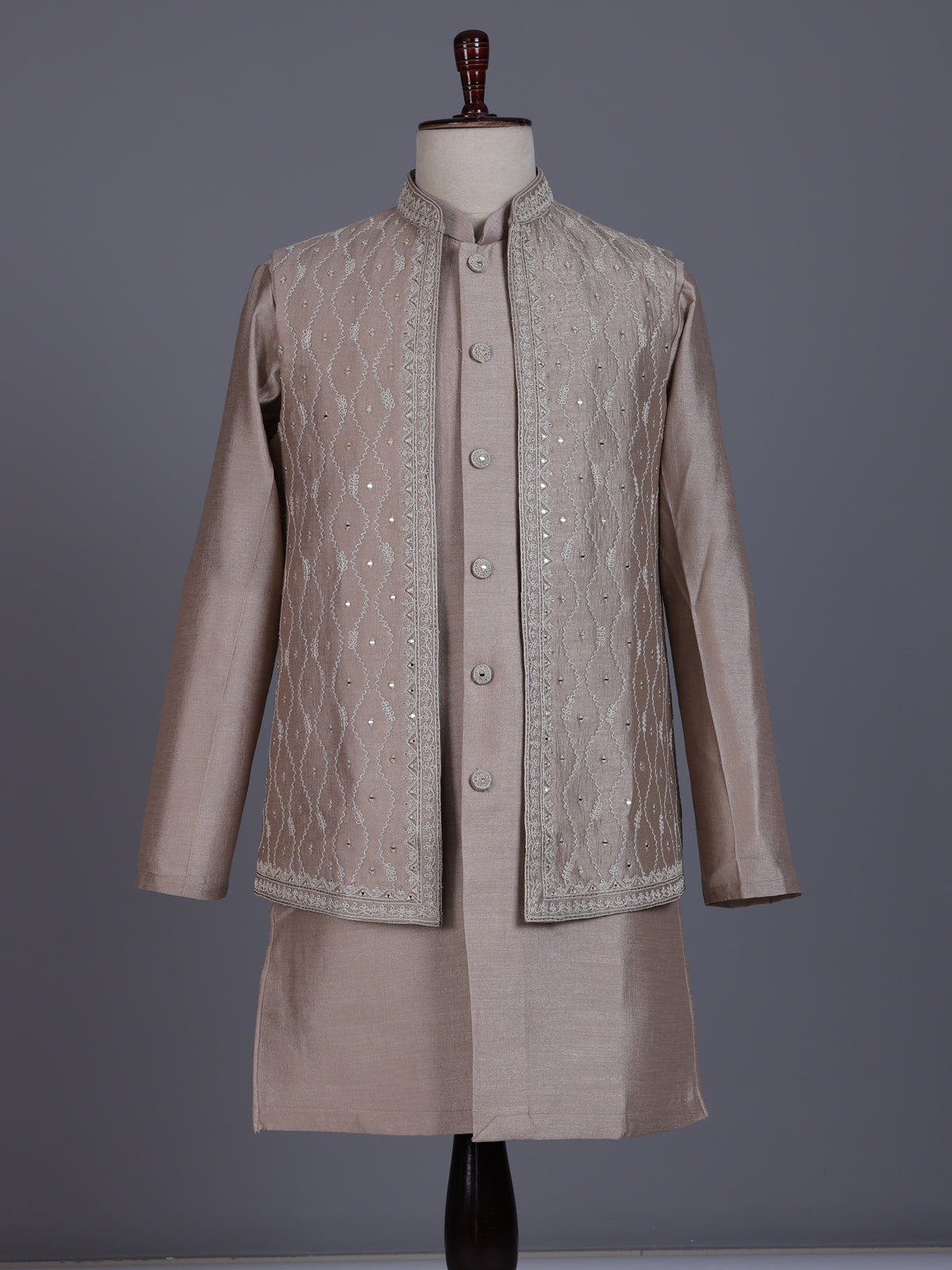 Pastel beige silk mens waistcoat set with geometric aabla accents
