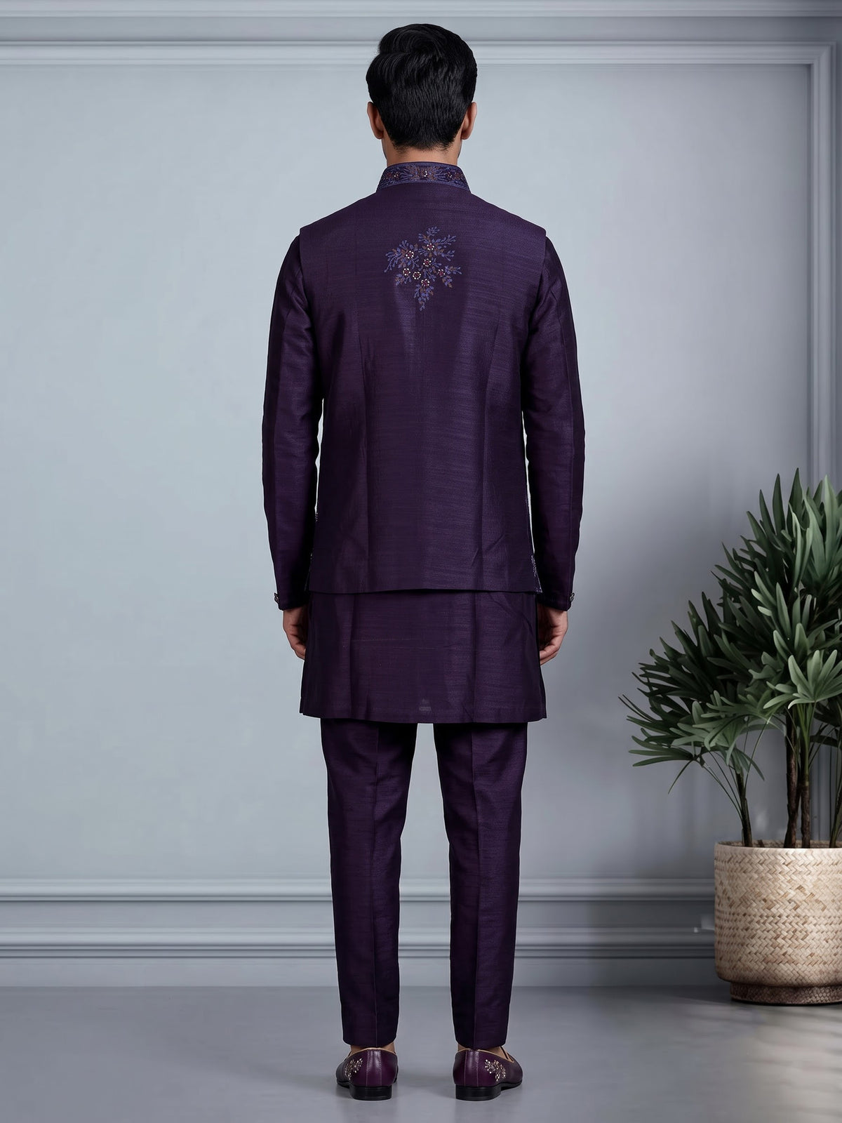 Purple silk mens waistcoat set with floral embroidery and aabla