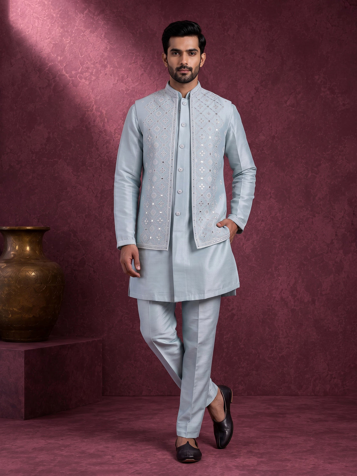 Pastel ice blue silk mens waistcoat set with aabla detailing
