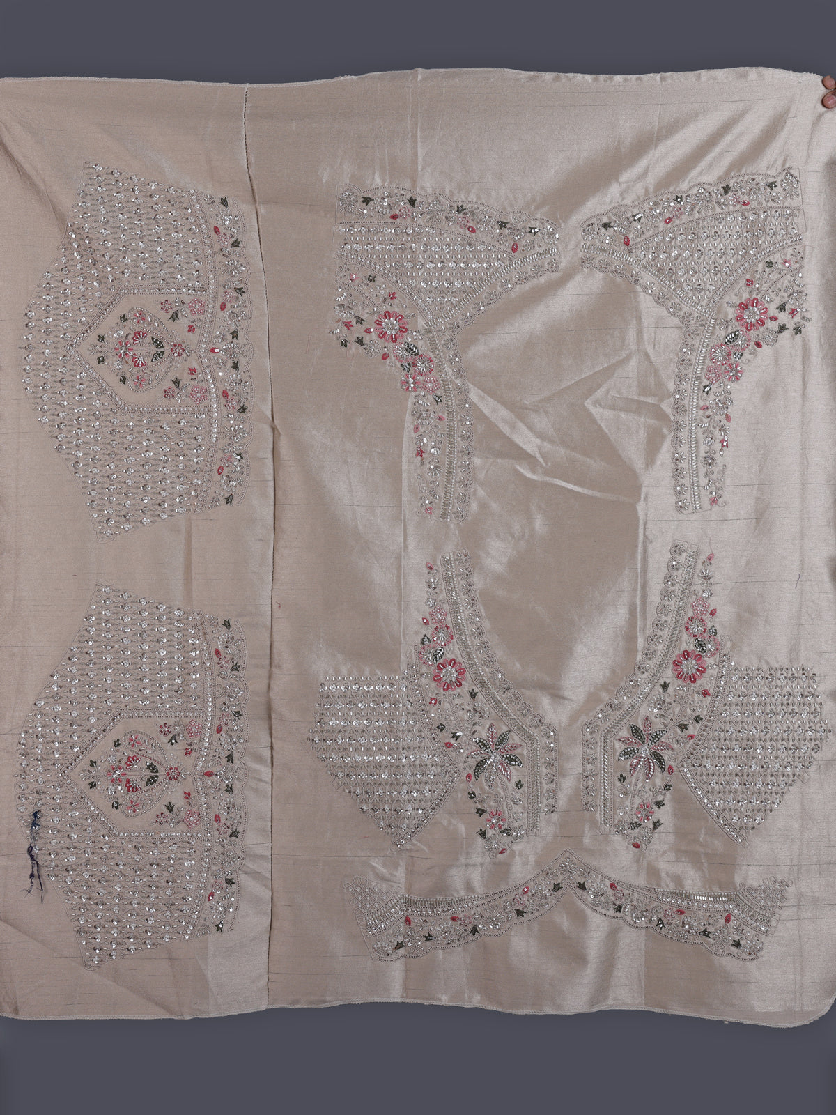 Cream silk unstitched lehenga choli with jharokha panels